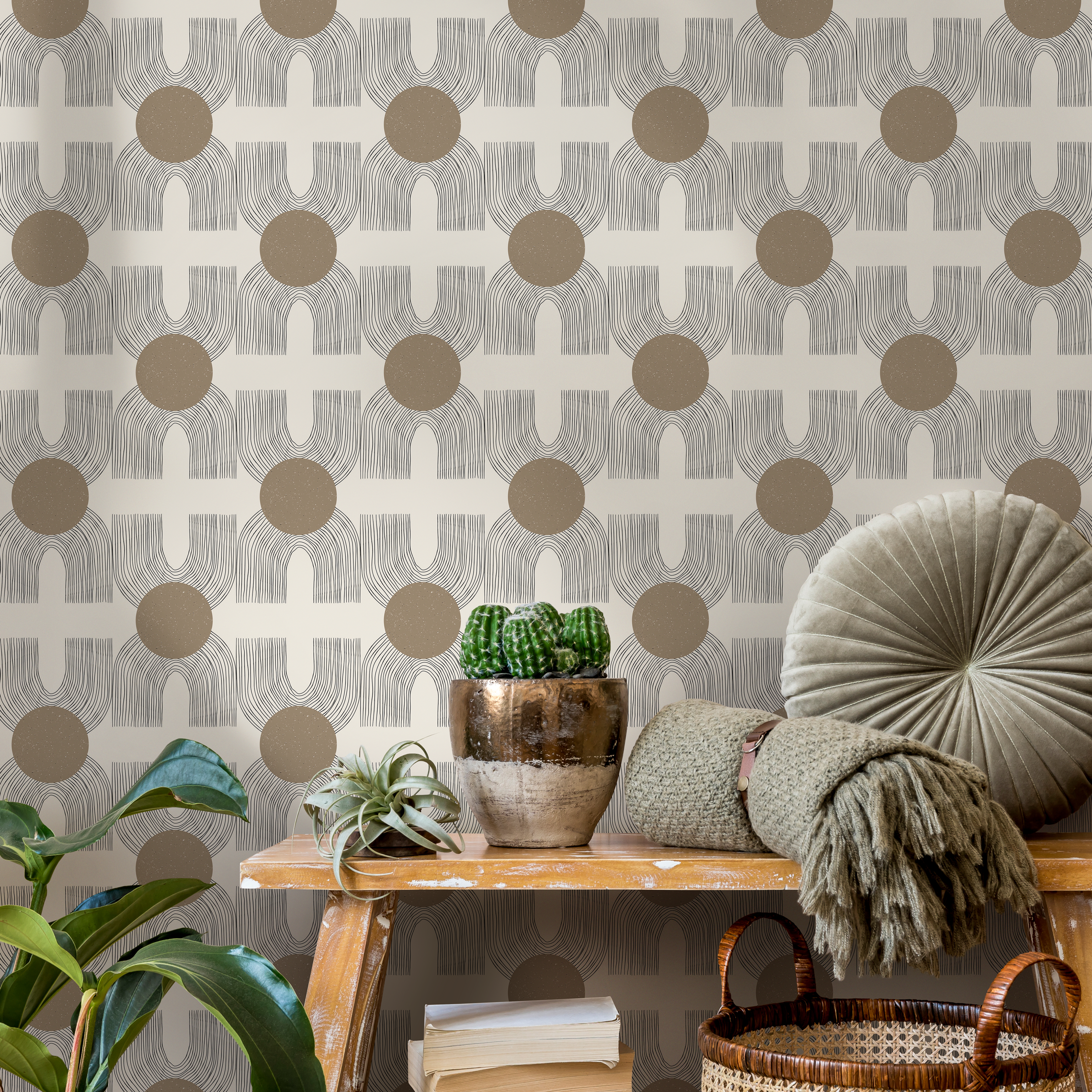 Geometric Wallpaper With Abstract Circles And Sketched Lines In Brown And Gray - C198