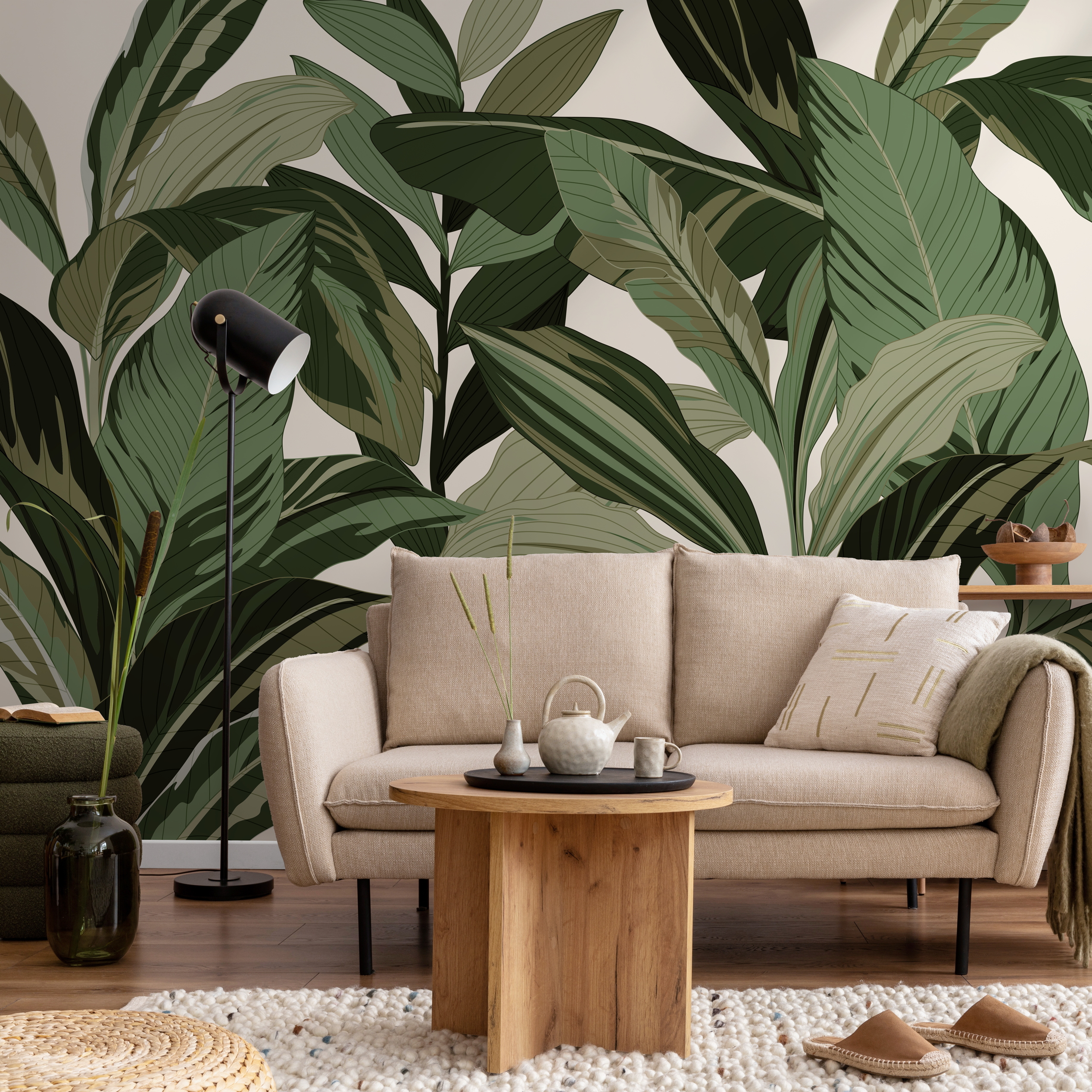 Botanical Wallpaper Featuring Large Tropical Leaves In Green - C199