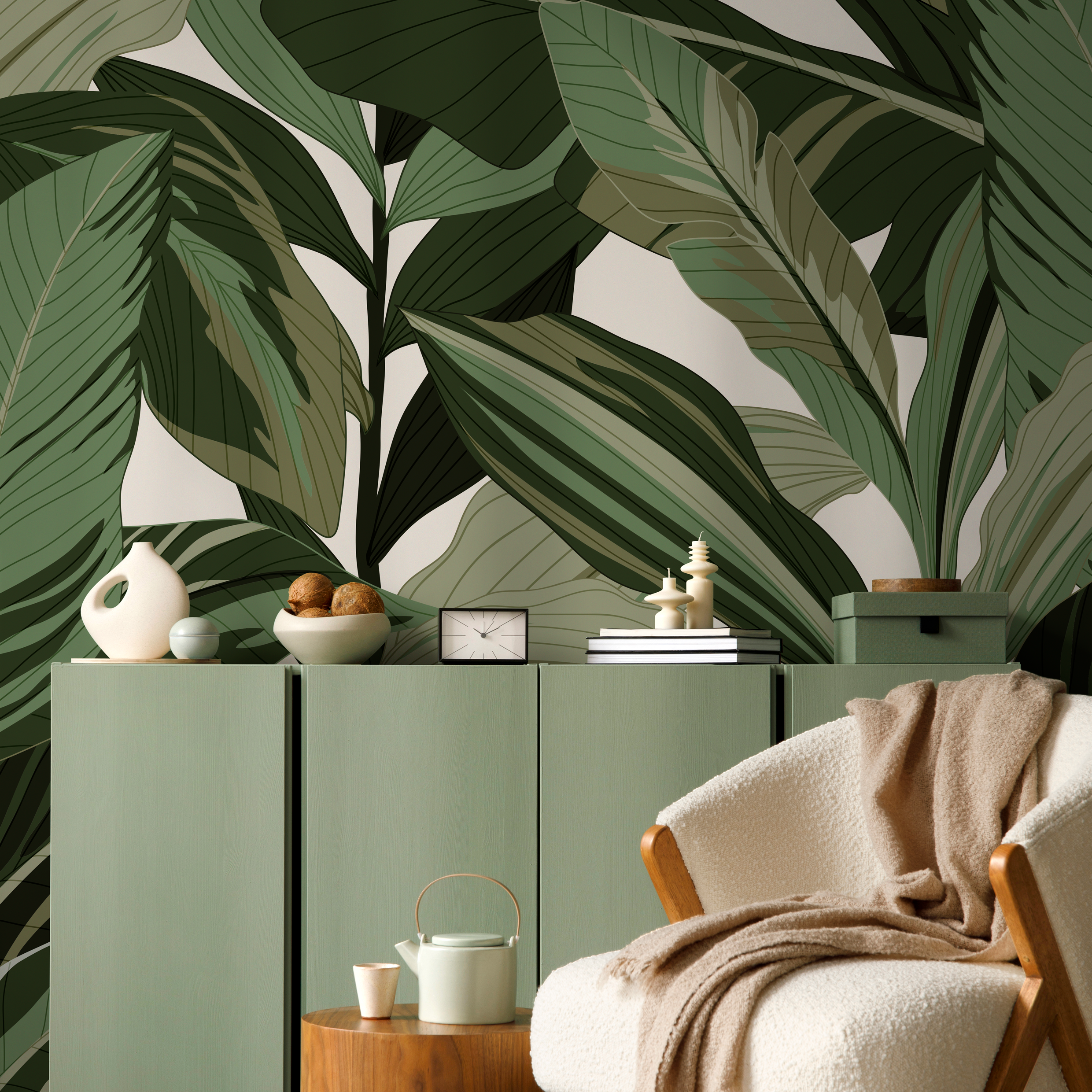 Botanical Wallpaper Featuring Large Tropical Leaves In Green - C199