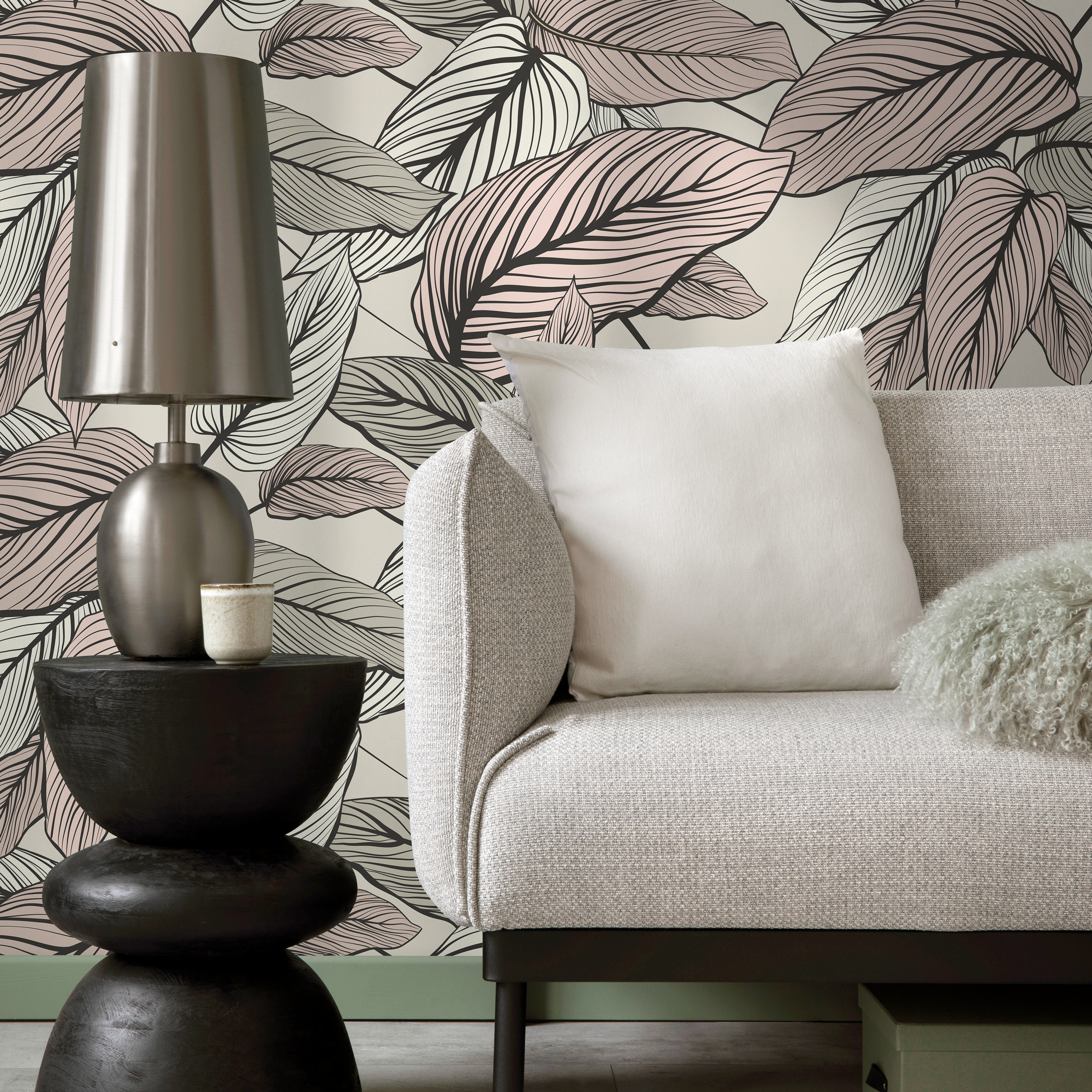 Botanical Wallpaper With Lined Calathea Leaves In Pink, Beige, And Black - C200