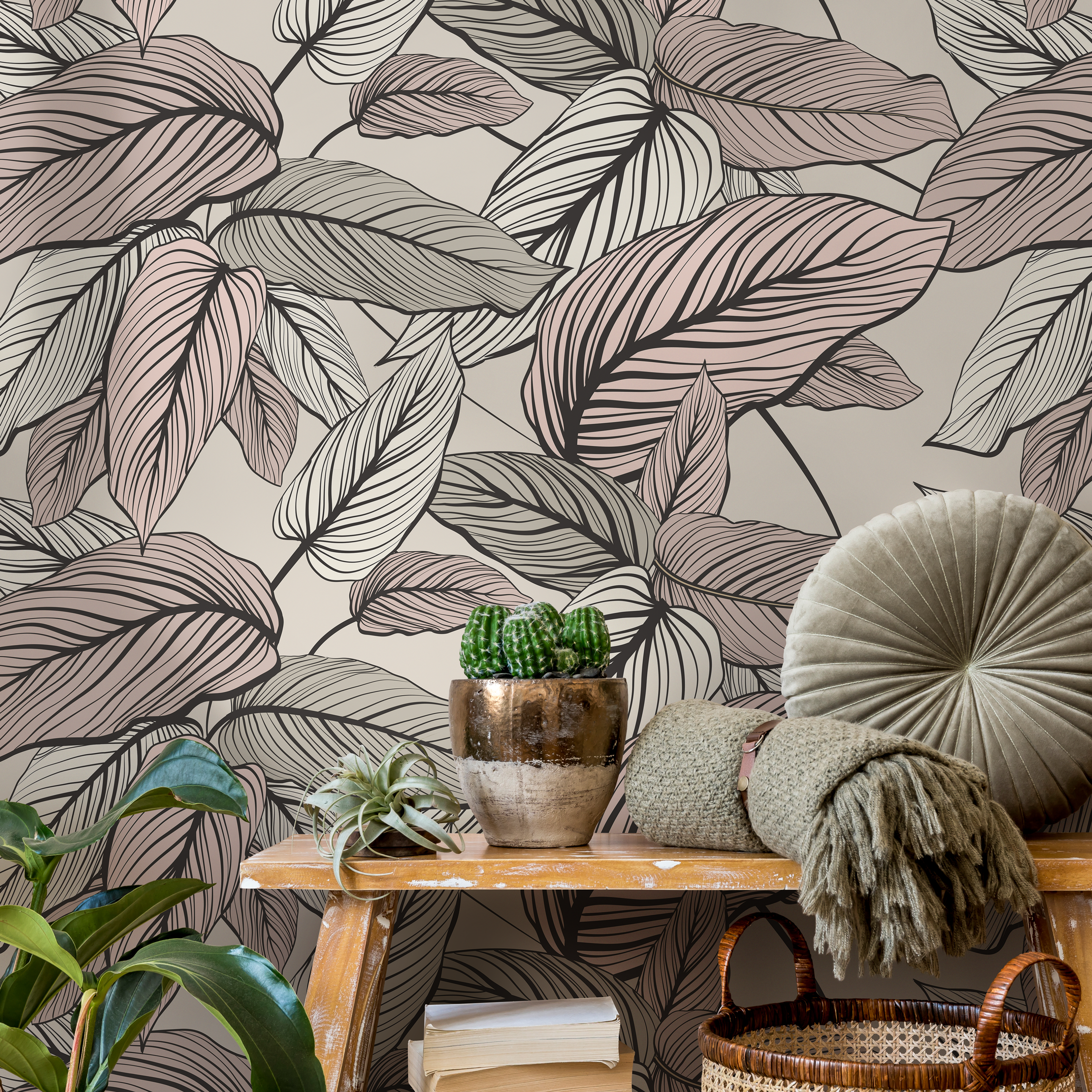 Botanical Wallpaper With Lined Calathea Leaves In Pink, Beige, And Black - C200