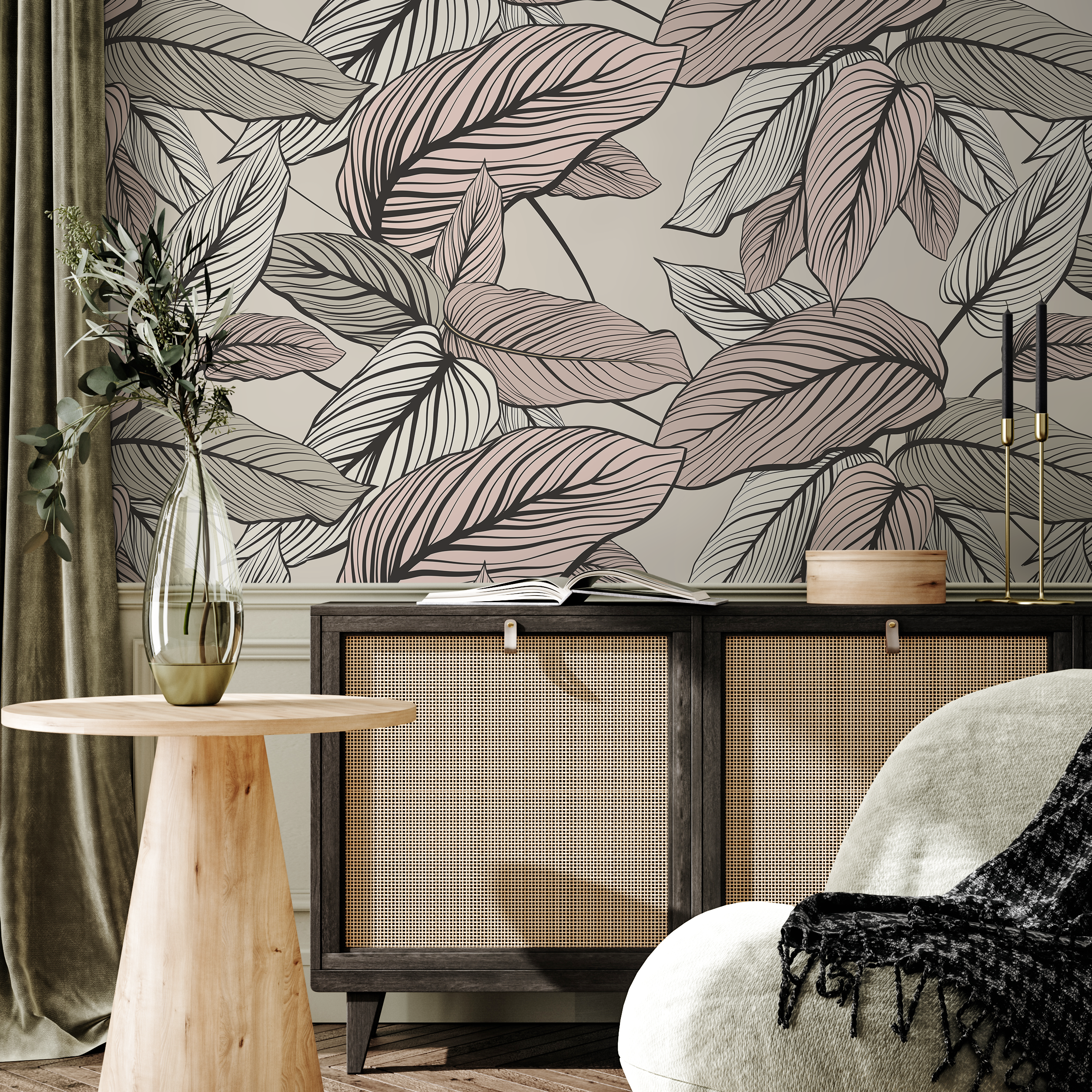 Botanical Wallpaper With Lined Calathea Leaves In Pink, Beige, And Black - C200