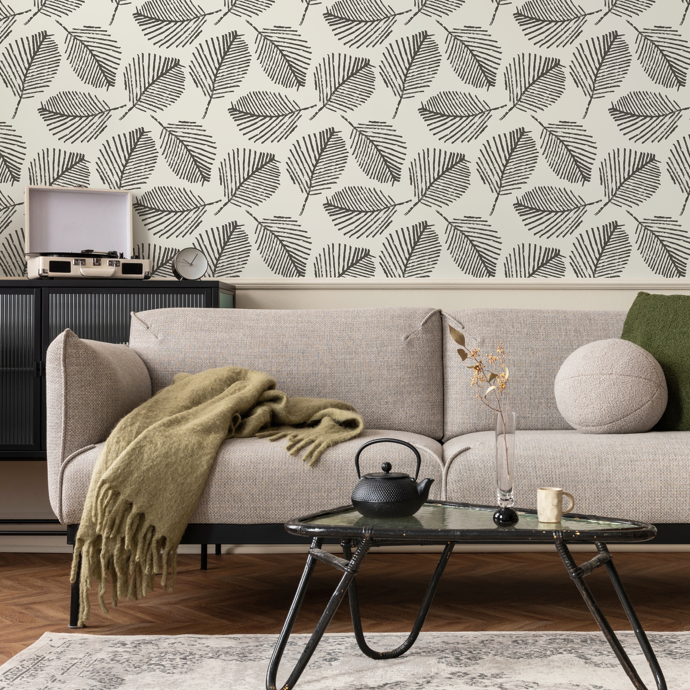 Botanical Wallpaper With A Stamped Leaf Motif In Black And Off-white - C201