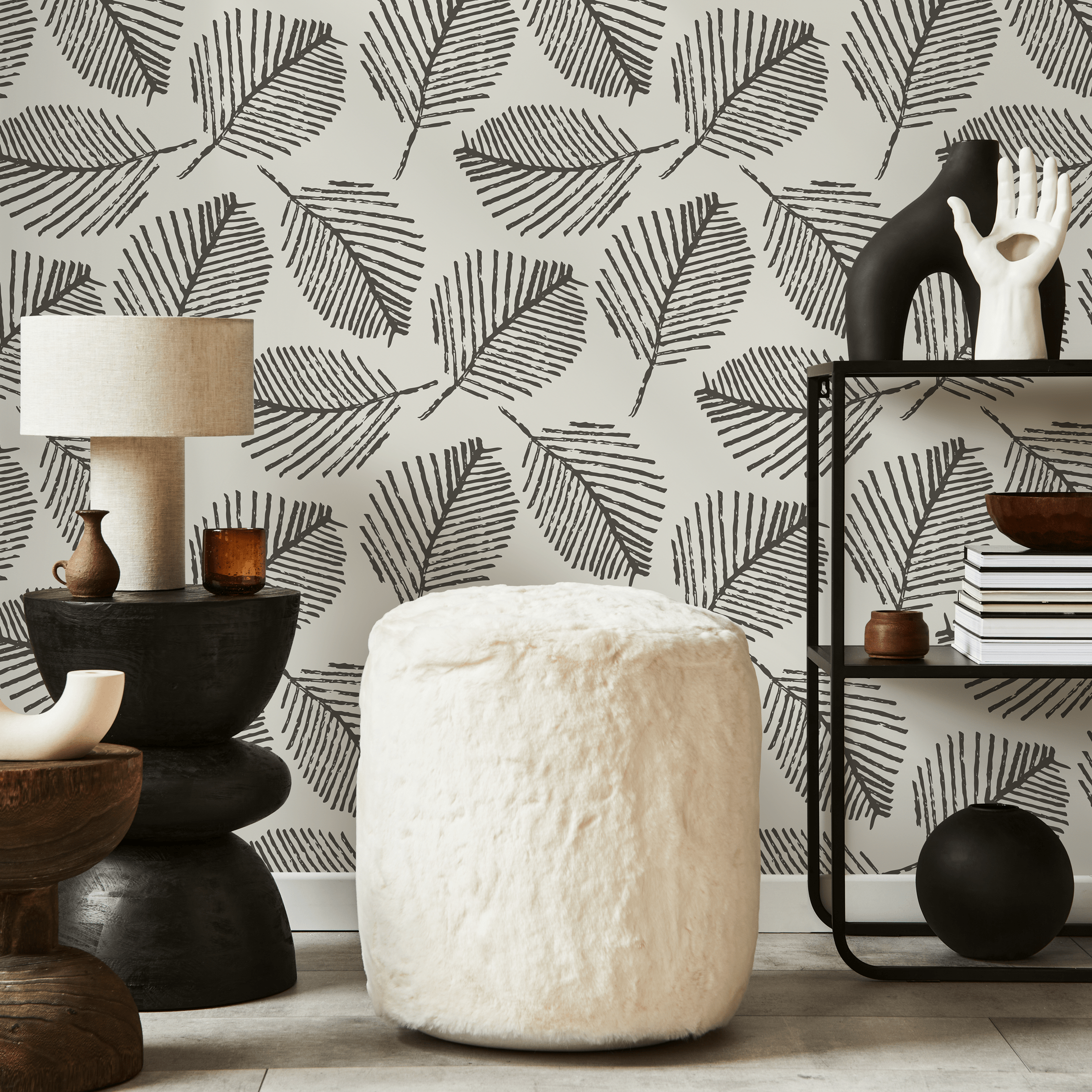 Botanical Wallpaper With A Stamped Leaf Motif In Black And Off-white - C201