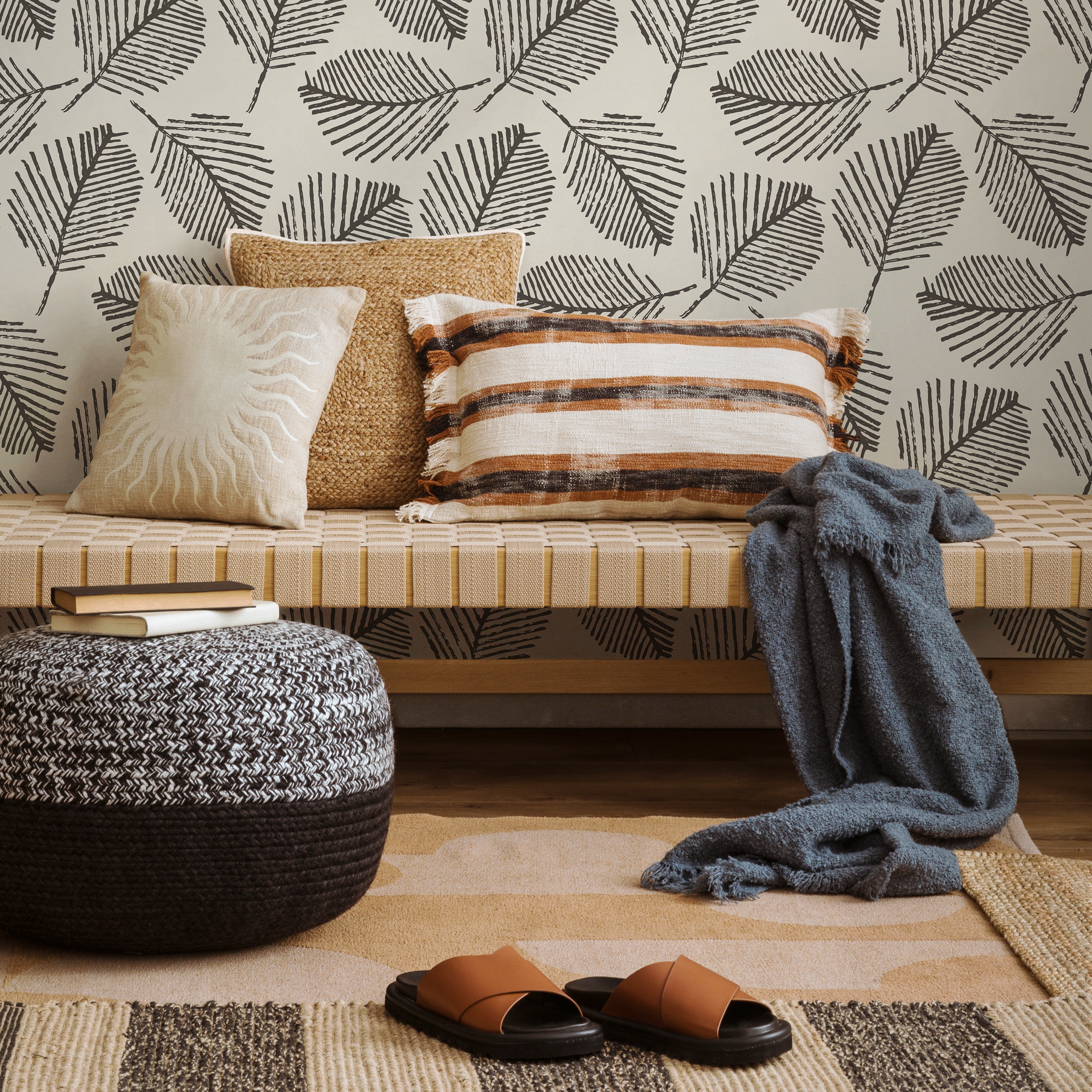Botanical Wallpaper With A Stamped Leaf Motif In Black And Off-white - C201