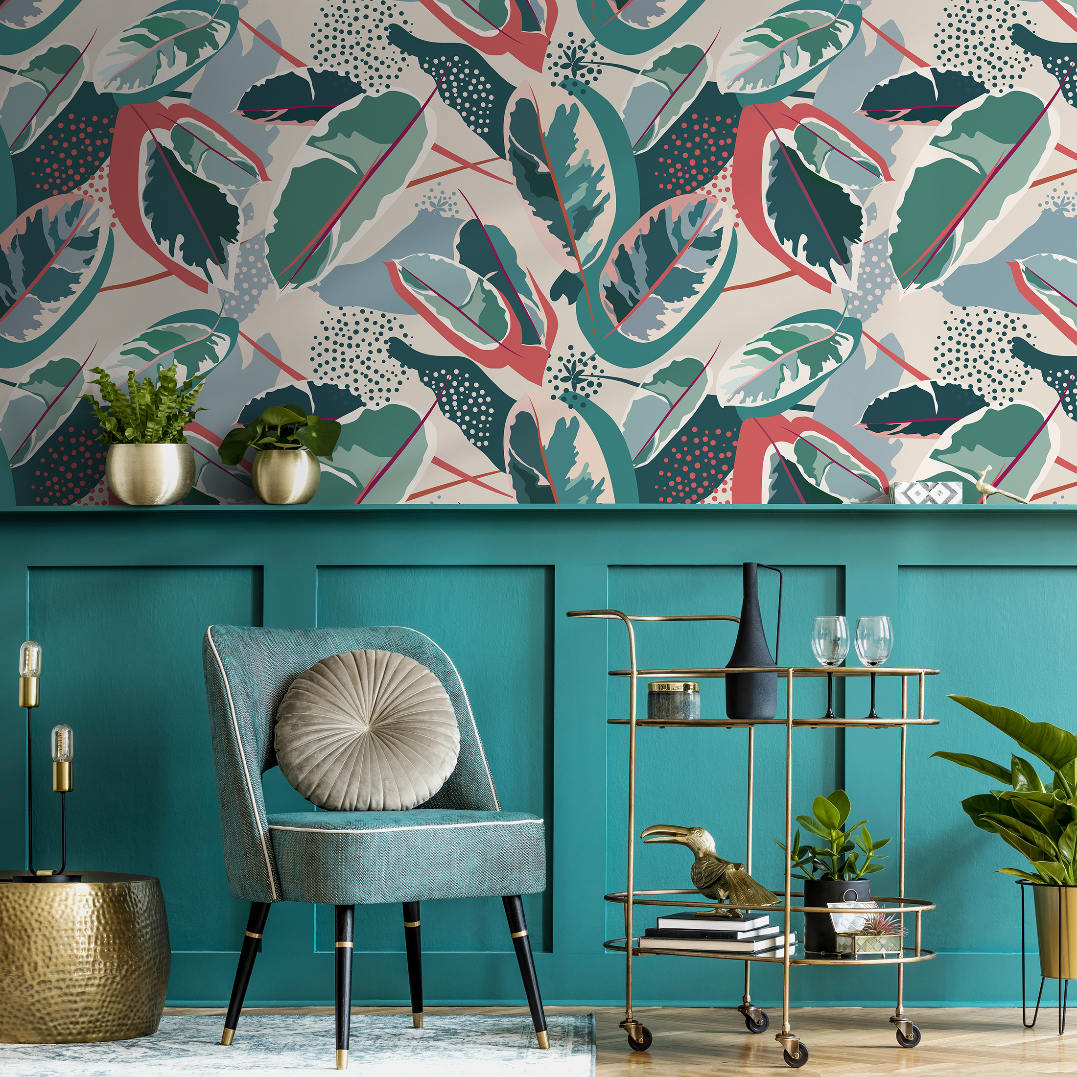Botanical Wallpaper With Abstract Tropical Leaves In Green, Coral, And Blue - C202