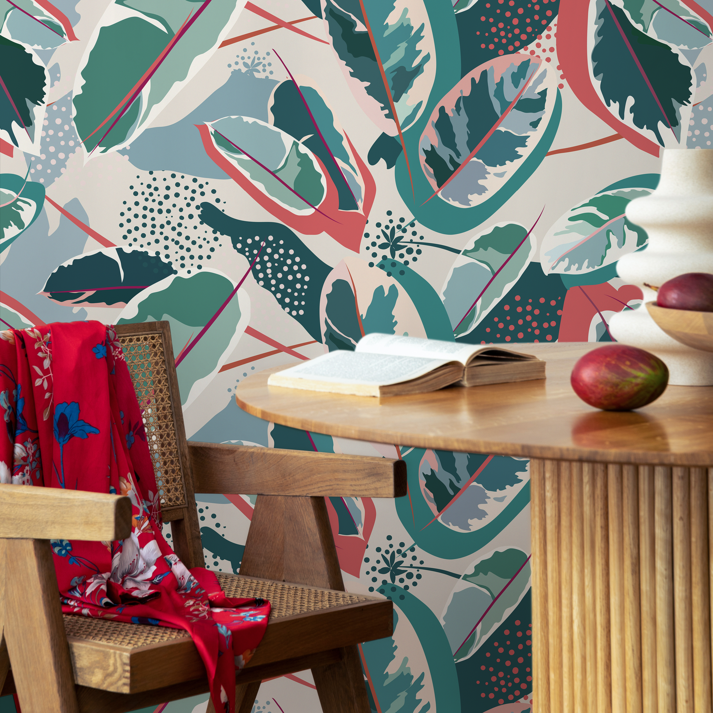Botanical Wallpaper With Abstract Tropical Leaves In Green, Coral, And Blue - C202