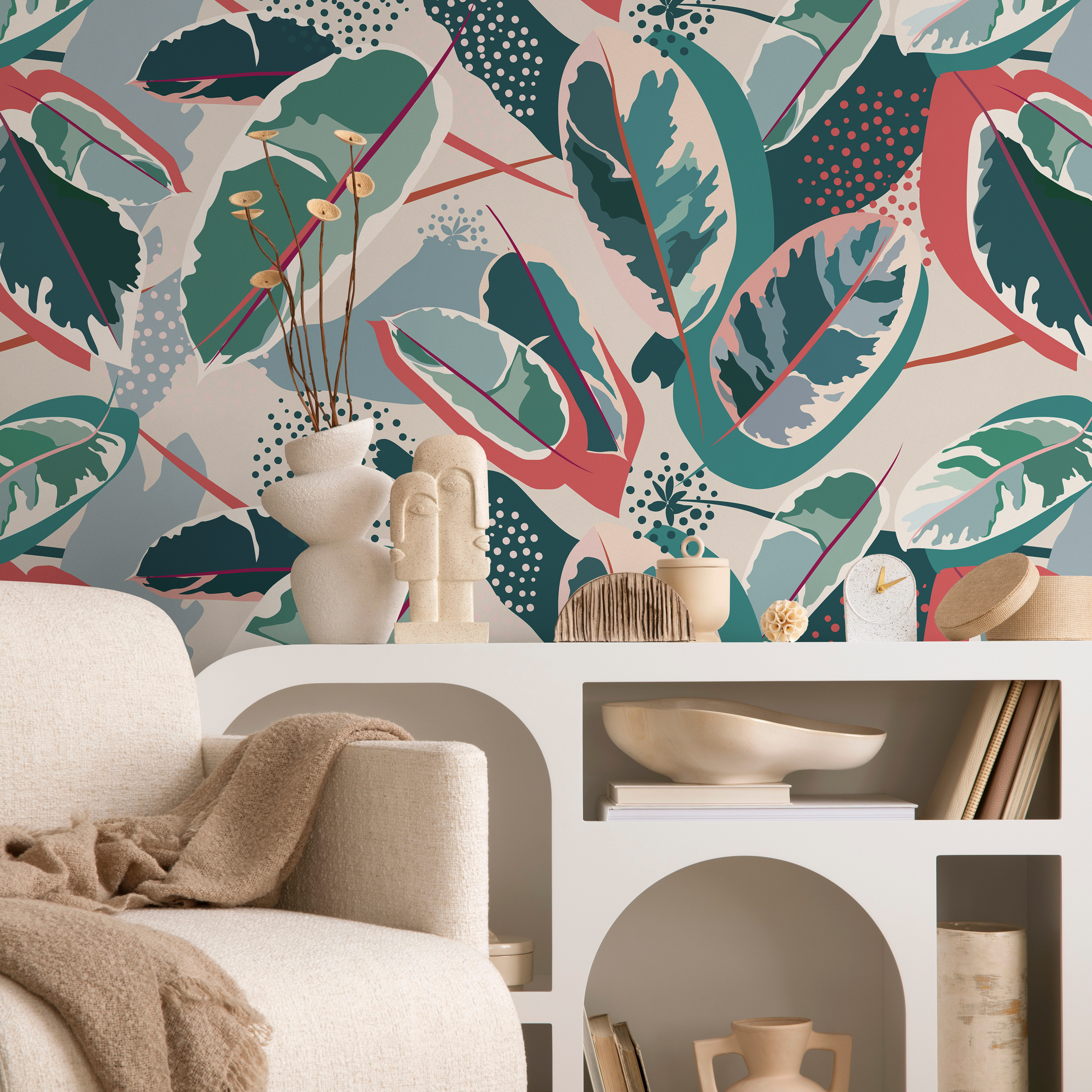 Botanical Wallpaper With Abstract Tropical Leaves In Green, Coral, And Blue - C202