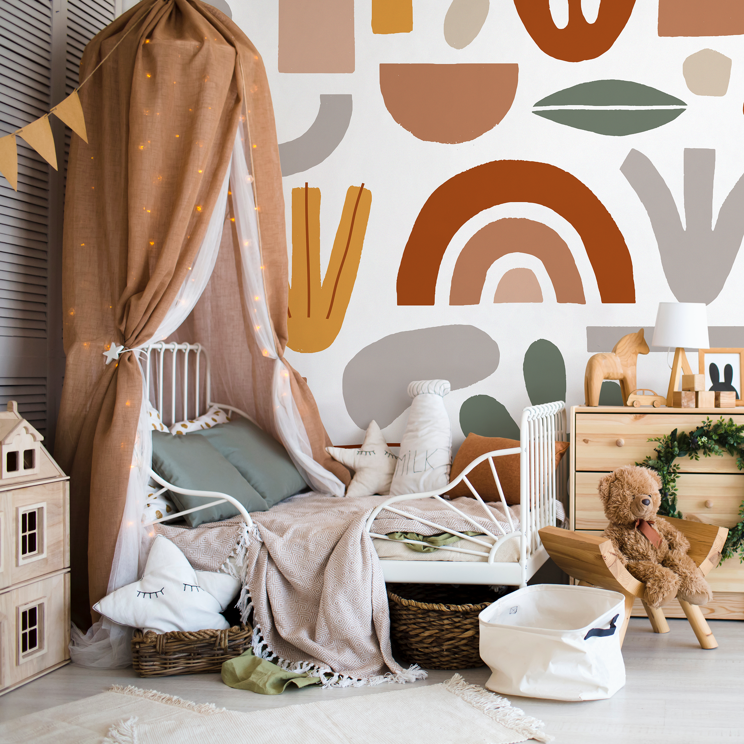 Boho Wallpaper With Abstract Shapes And Rainbows In Terracotta, Sage, And Yellow - C203