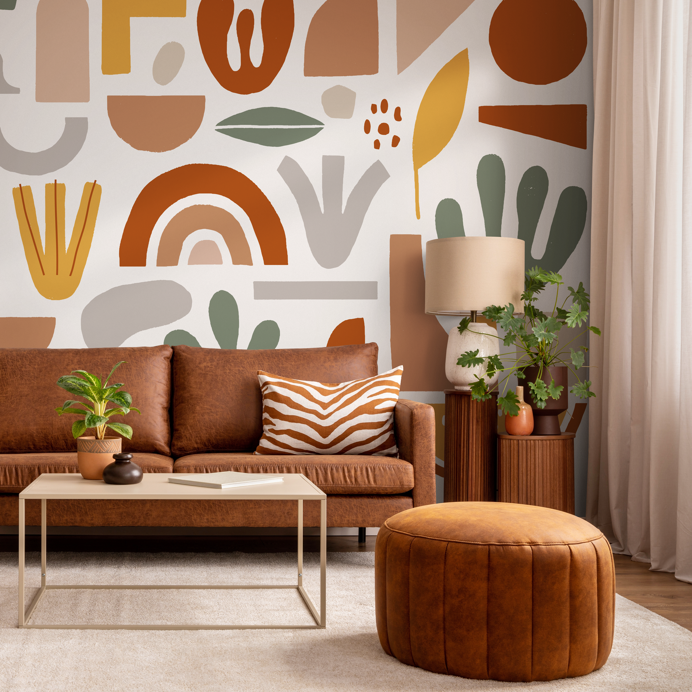 Boho Wallpaper With Abstract Shapes And Rainbows In Terracotta, Sage, And Yellow - C203