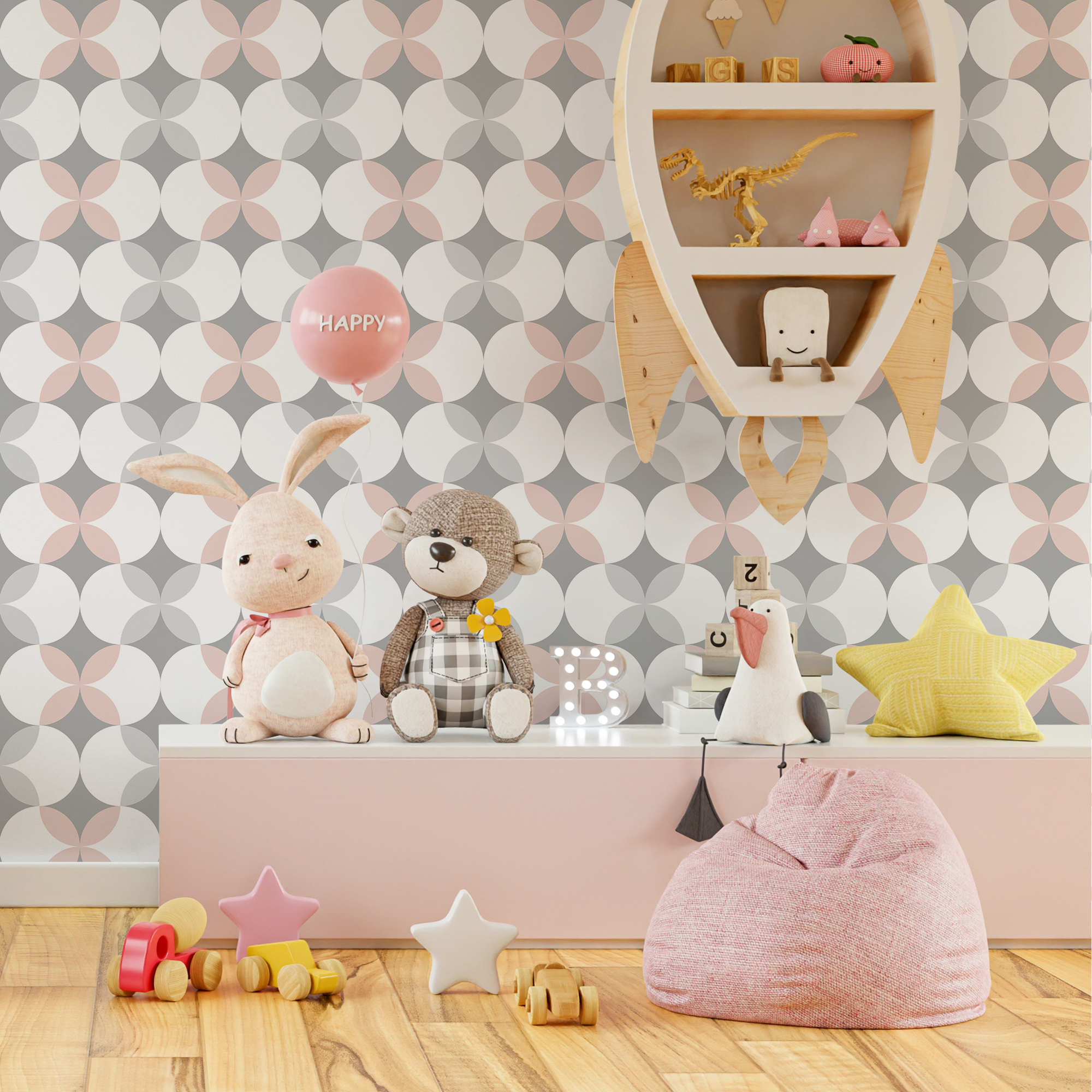 Geometric Wallpaper With An Overlapping Circle Motif In Grey And Pink - C205