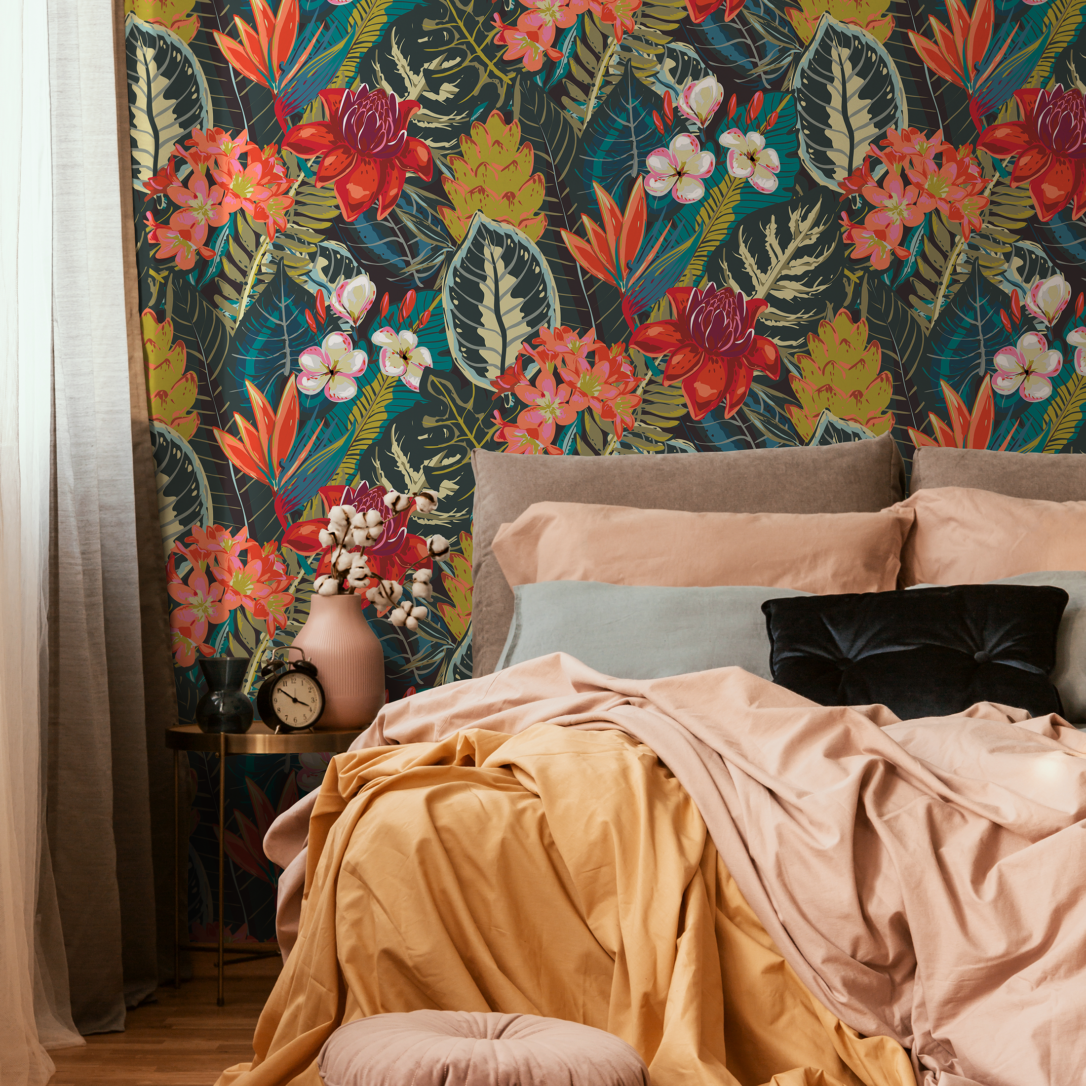 Botanical Wallpaper With A Lush Tropical Motif In Red, Pink, And Green - C206