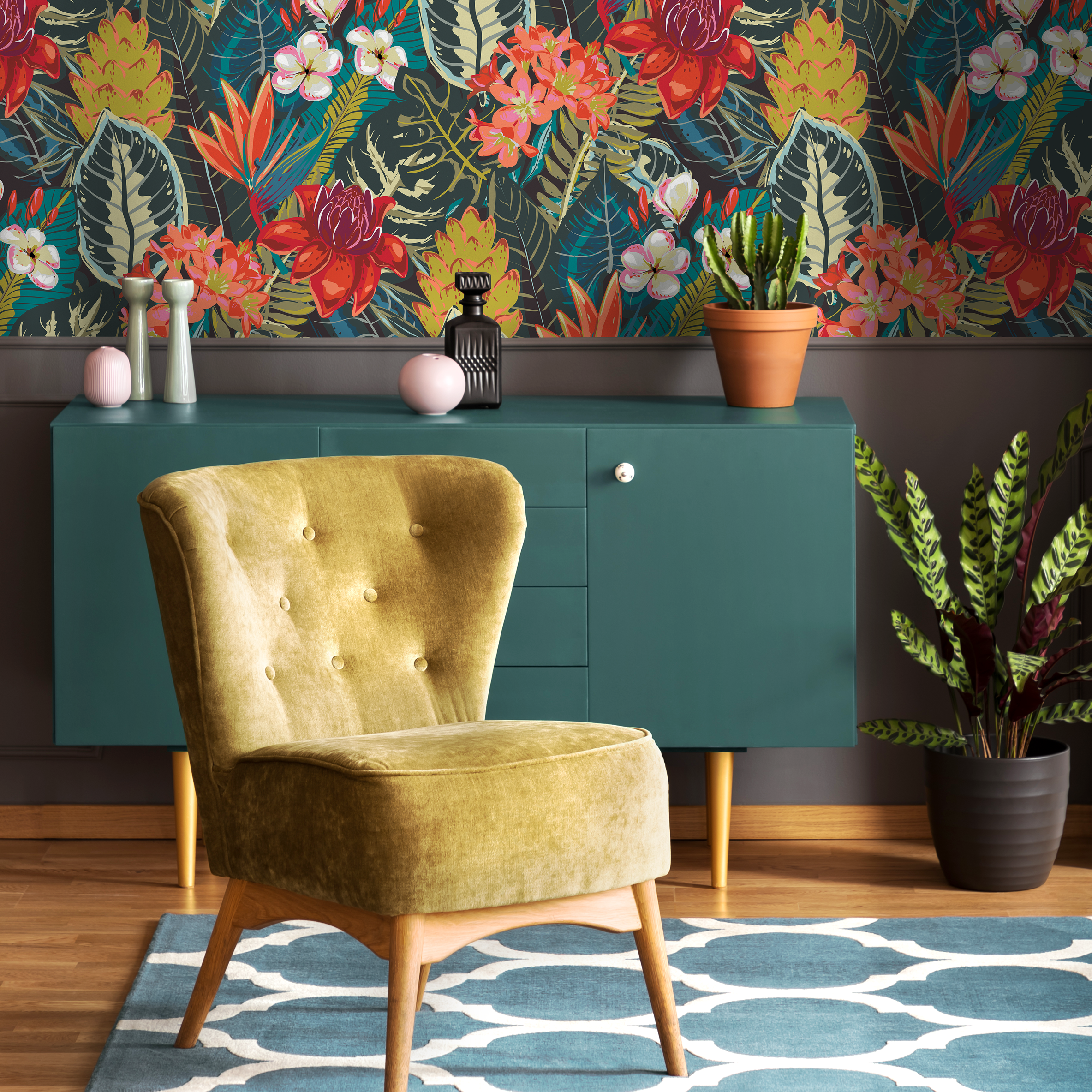 Botanical Wallpaper With A Lush Tropical Motif In Red, Pink, And Green - C206