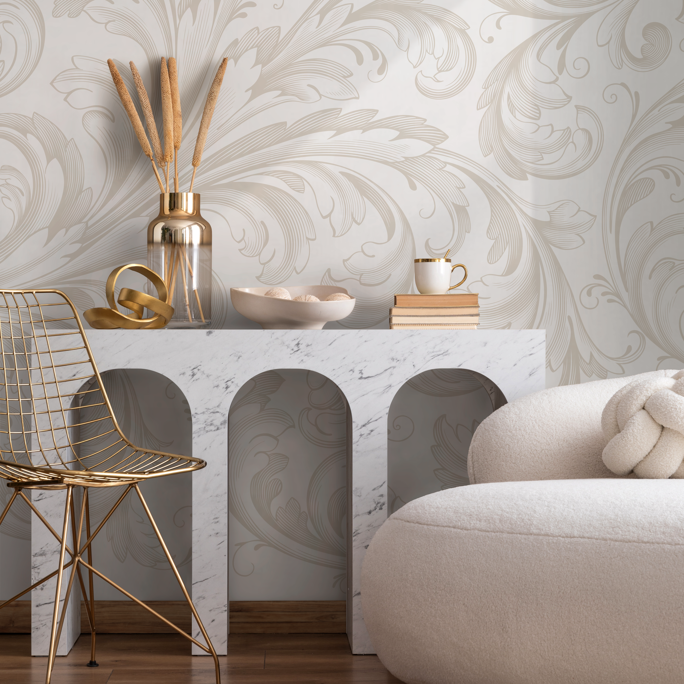 Damask Wallpaper With Elegant Acanthus Scrolls In Beige And Cream - C209