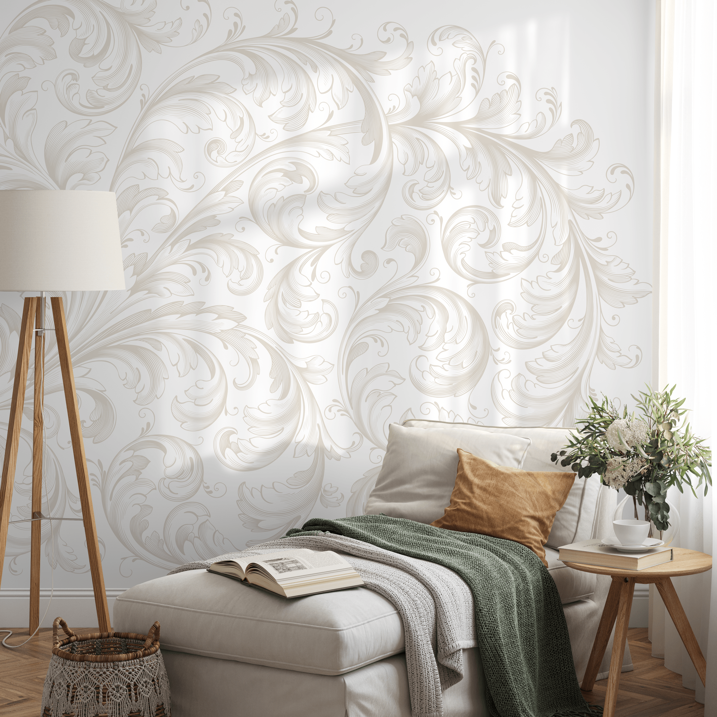 Damask Wallpaper With Elegant Acanthus Scrolls In Beige And Cream - C209