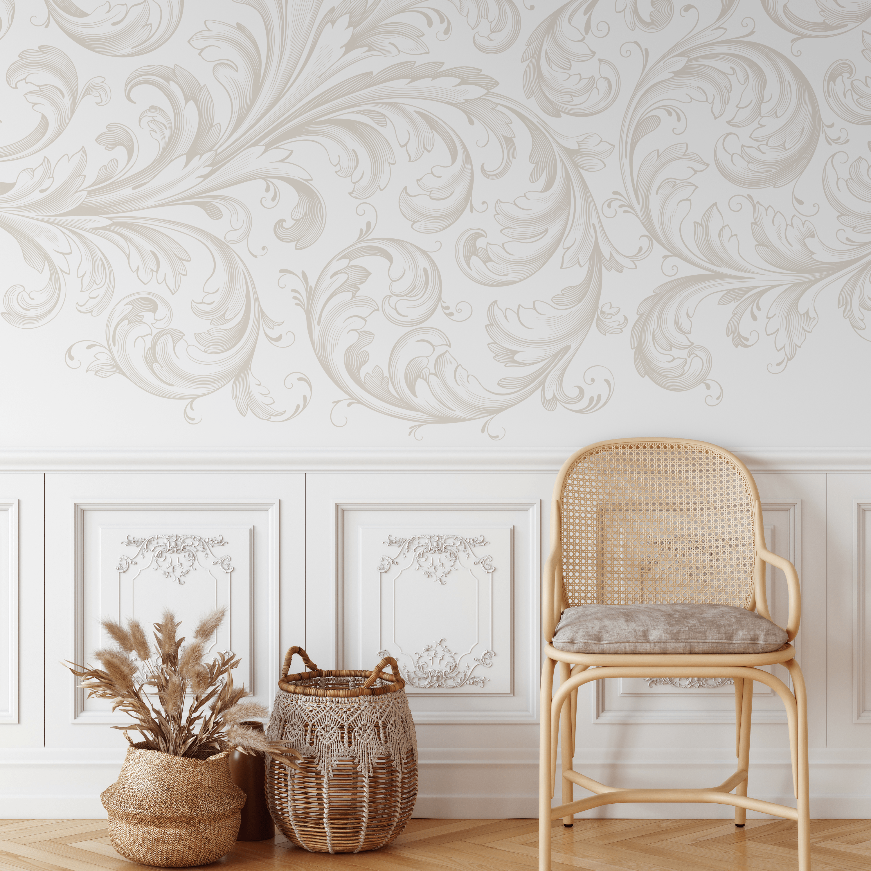 Damask Wallpaper With Elegant Acanthus Scrolls In Beige And Cream - C209
