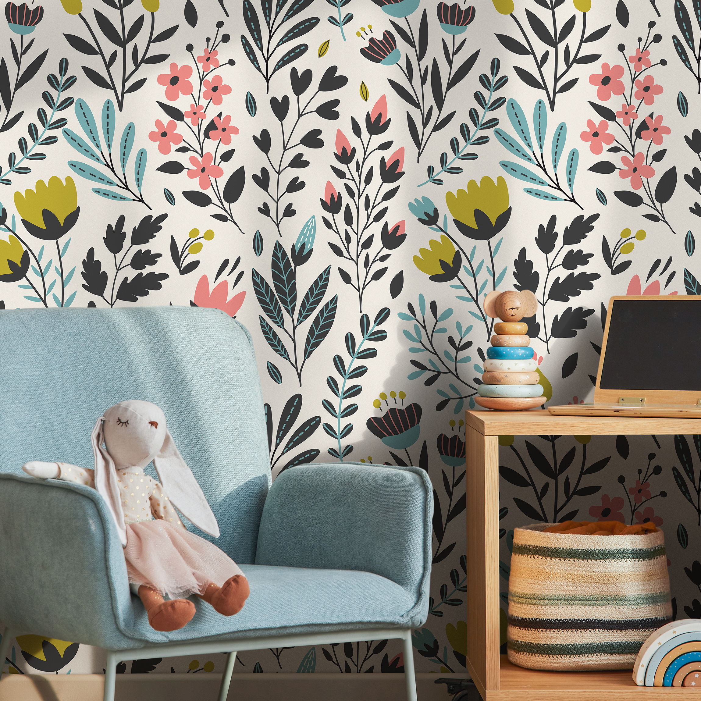 Floral Wallpaper With A Folk Art Meadow In Black, Pink, And Teal - C210