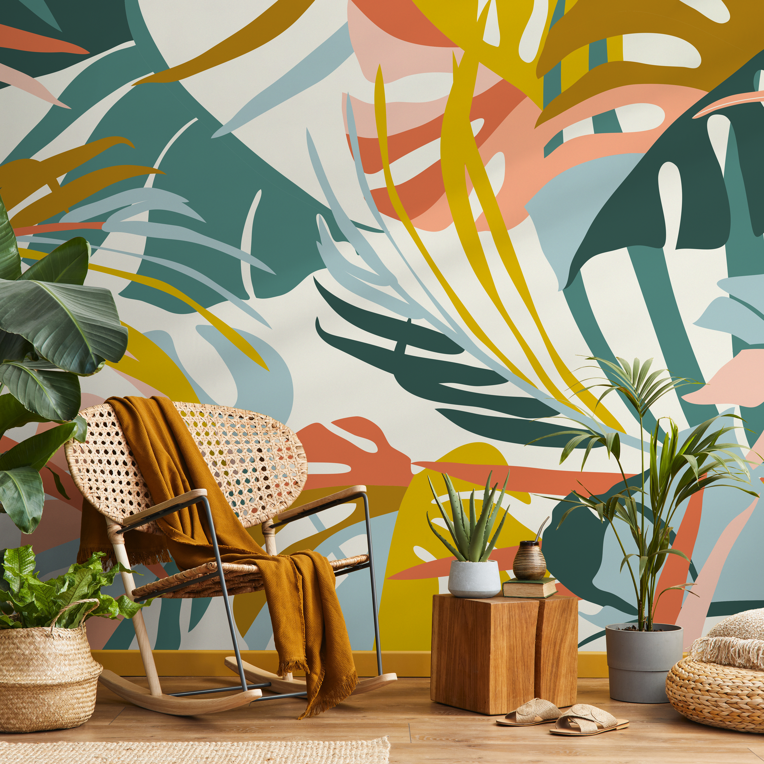 Abstract Botanical Wallpaper With Modern Tropical Leaves In Teal, Pink, And Yellow - C211