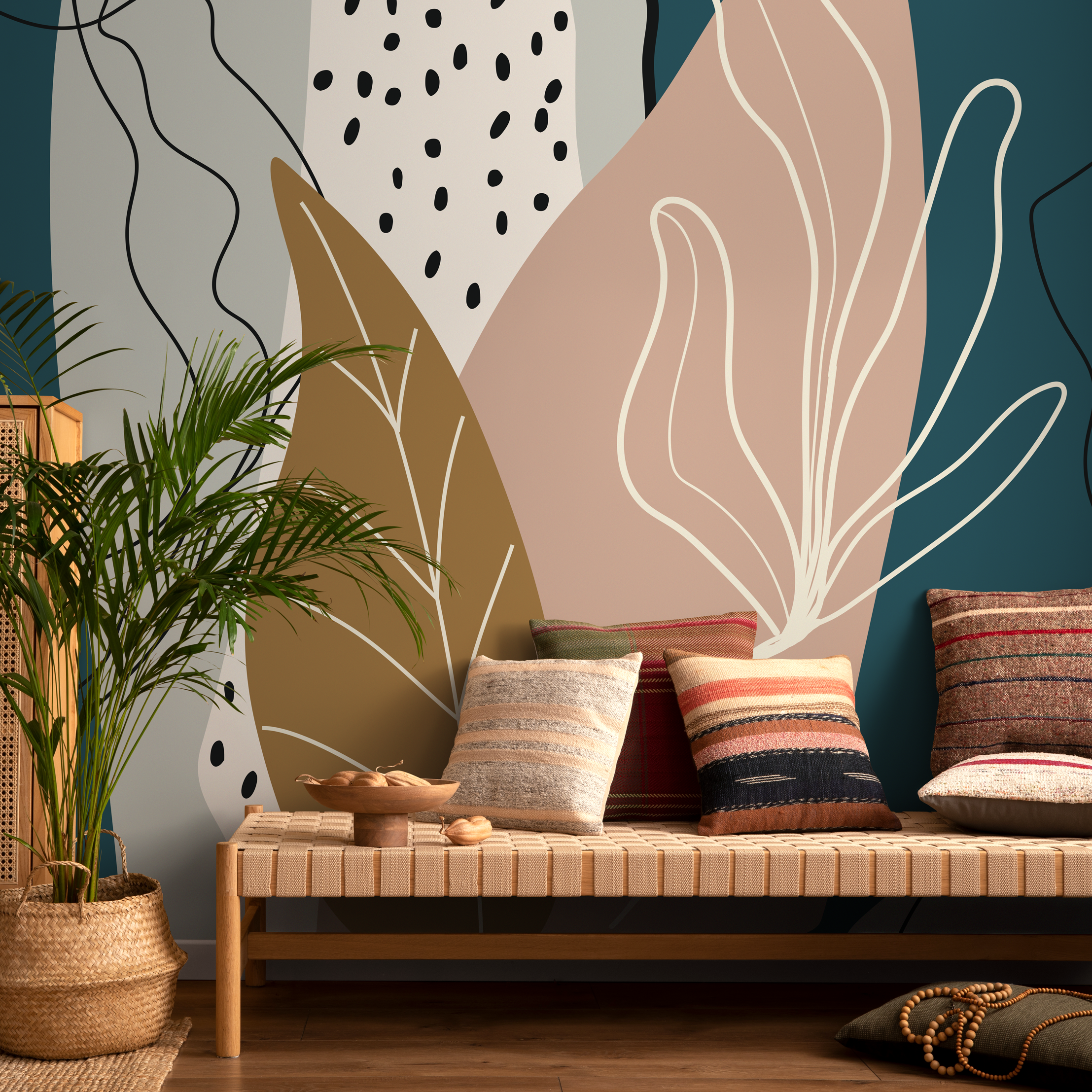 Scandinavian Wallpaper With Abstract Leaves In Teal, Pink, And Brown - C212