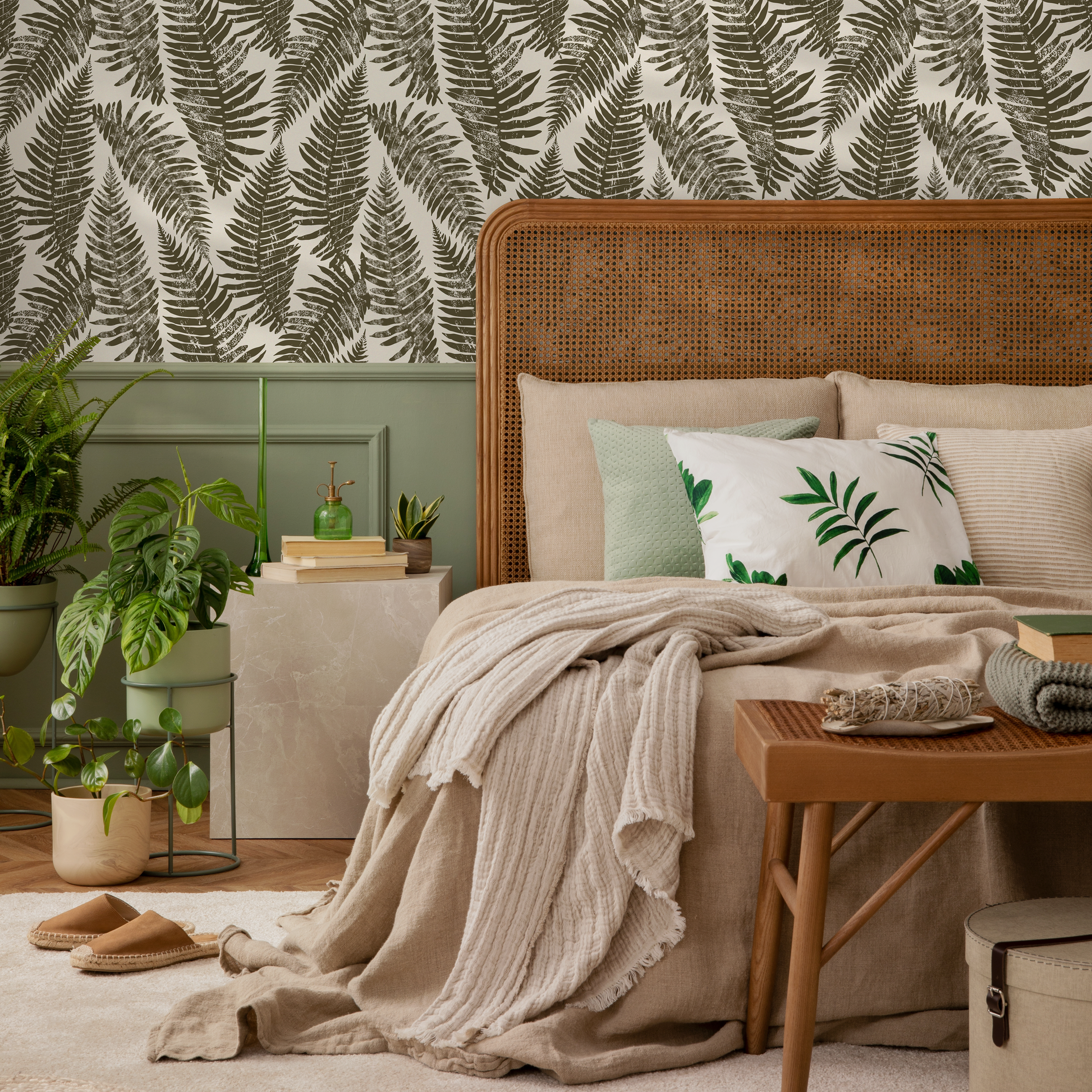 Botanical Wallpaper With A Distressed Fern Motif In Olive Green And Beige - C214