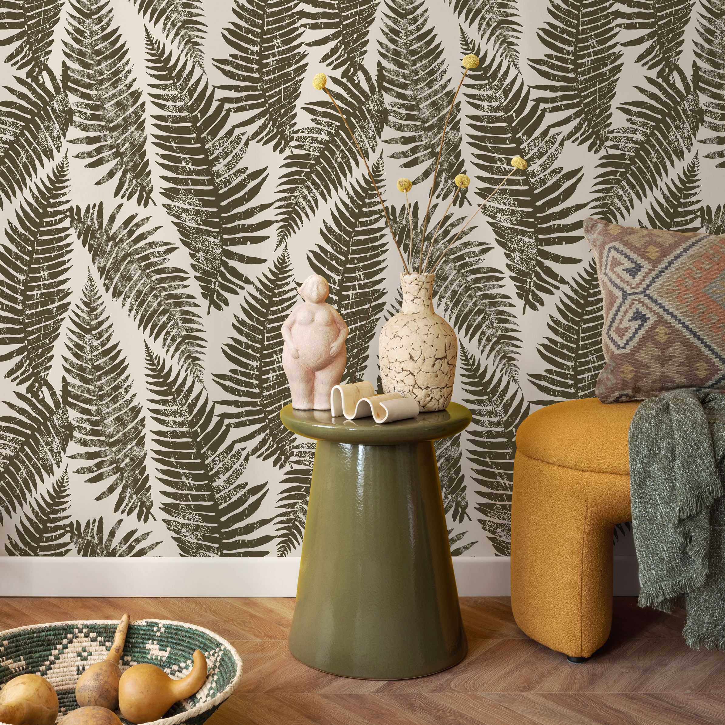 Botanical Wallpaper With A Distressed Fern Motif In Olive Green And Beige - C214