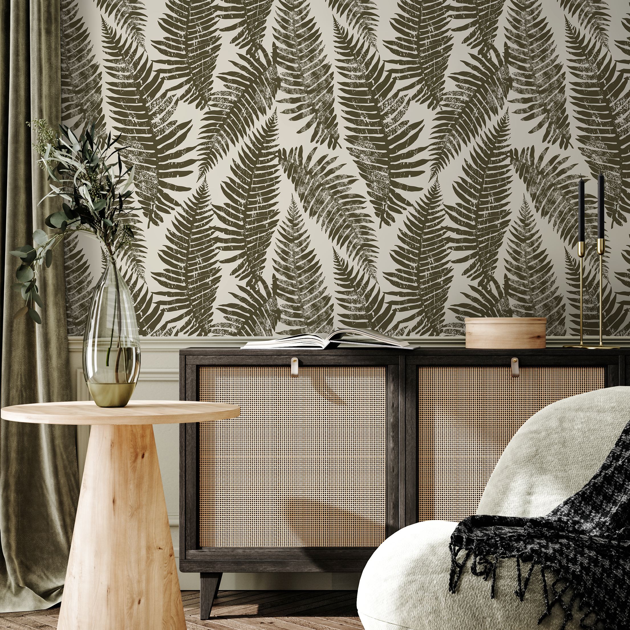 Botanical Wallpaper With A Distressed Fern Motif In Olive Green And Beige - C214