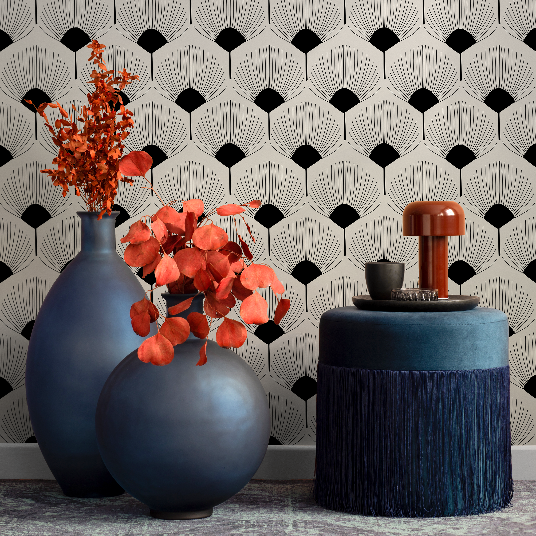 Art Deco Wallpaper With A Stylized Fan Motif In Black And Beige - C216