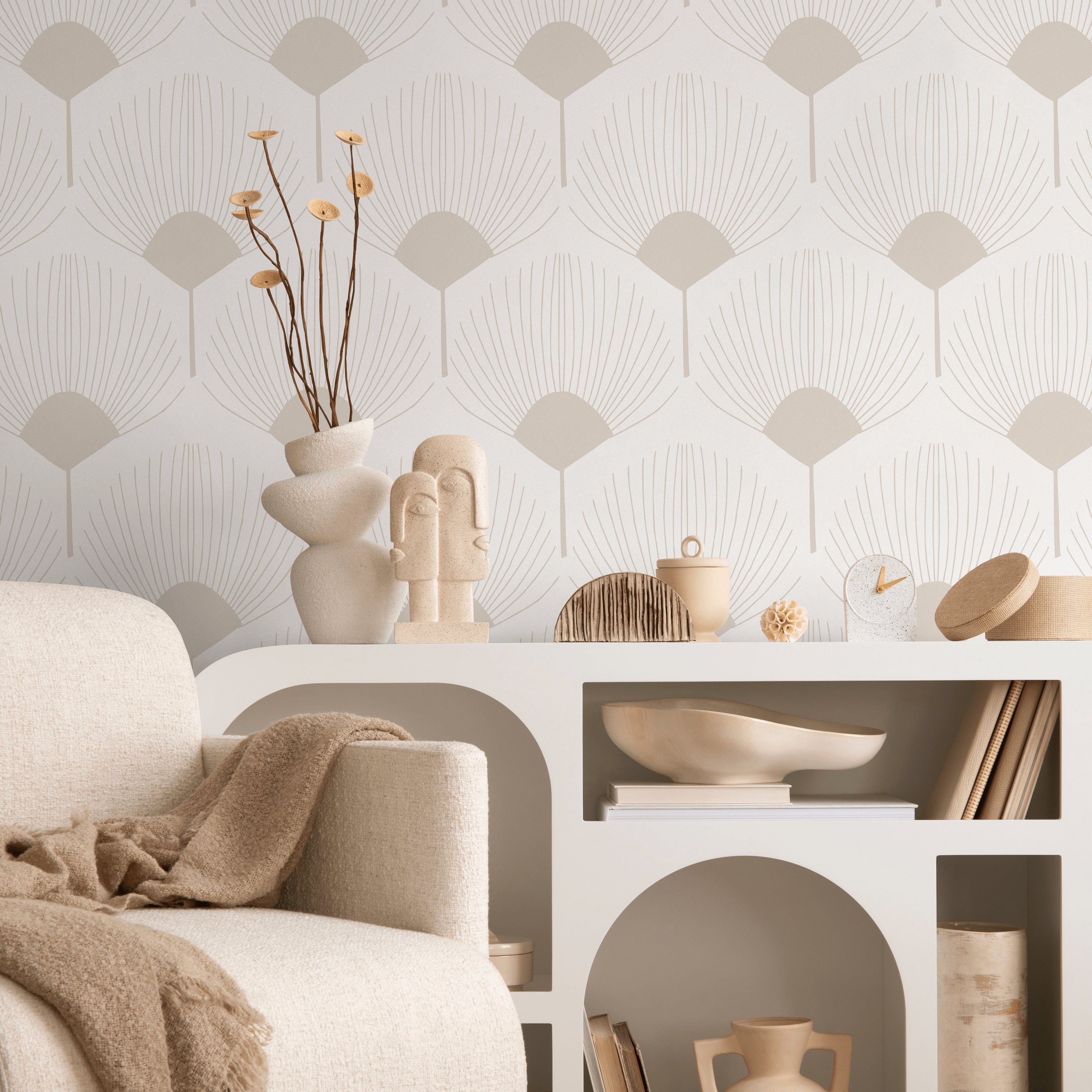 Art Deco Wallpaper With A Scalloped Fan Pattern In Beige - C217