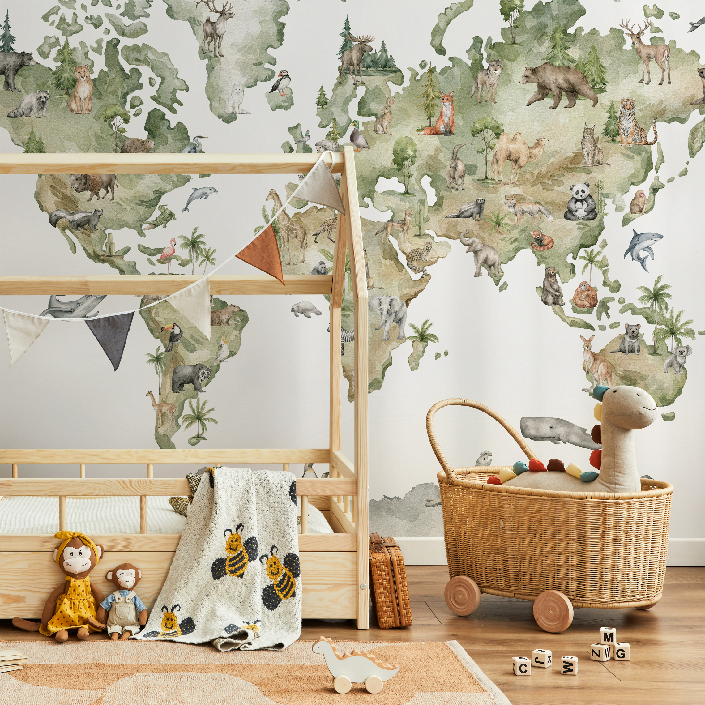 World Map Wallpaper Featuring Animals Of The World In Green And Beige - C220