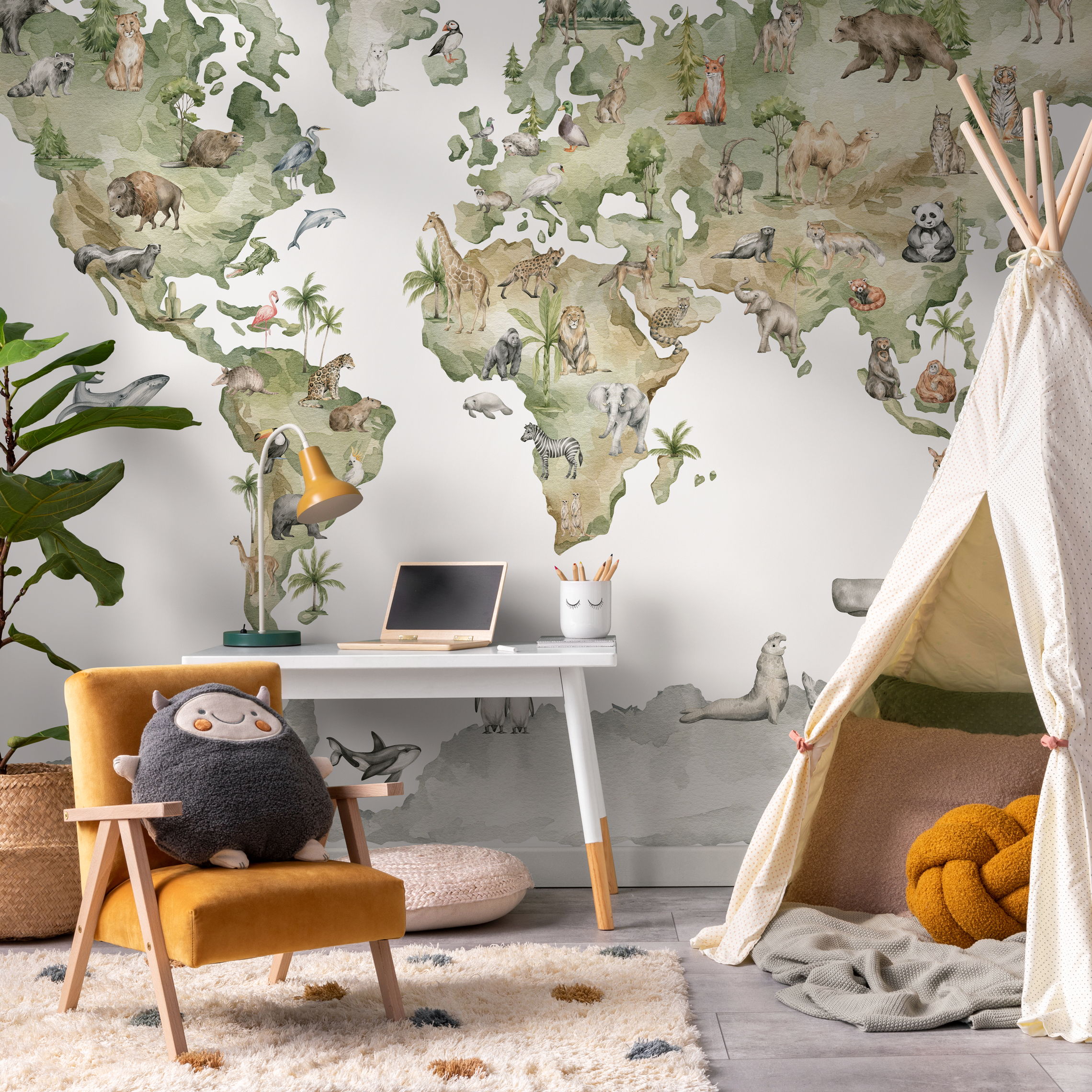World Map Wallpaper Featuring Animals Of The World In Green And Beige - C220