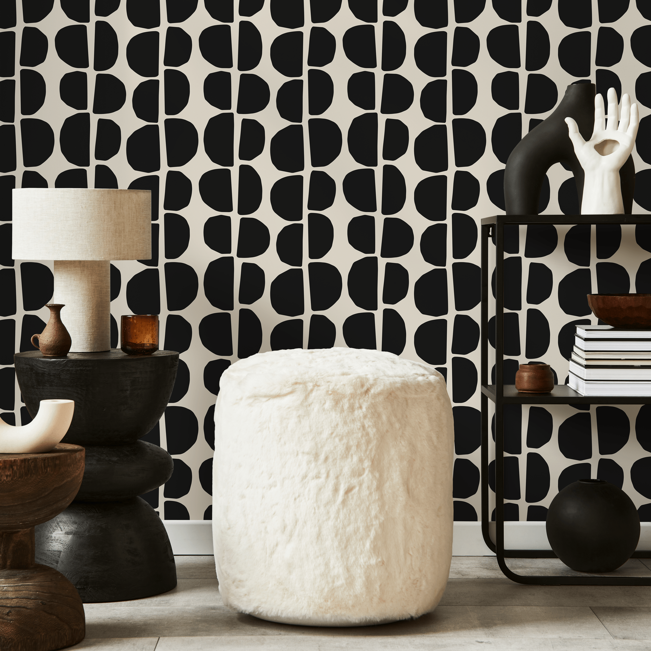 Abstract Wallpaper With Organic Semi-circles In Black And Off-white - C222