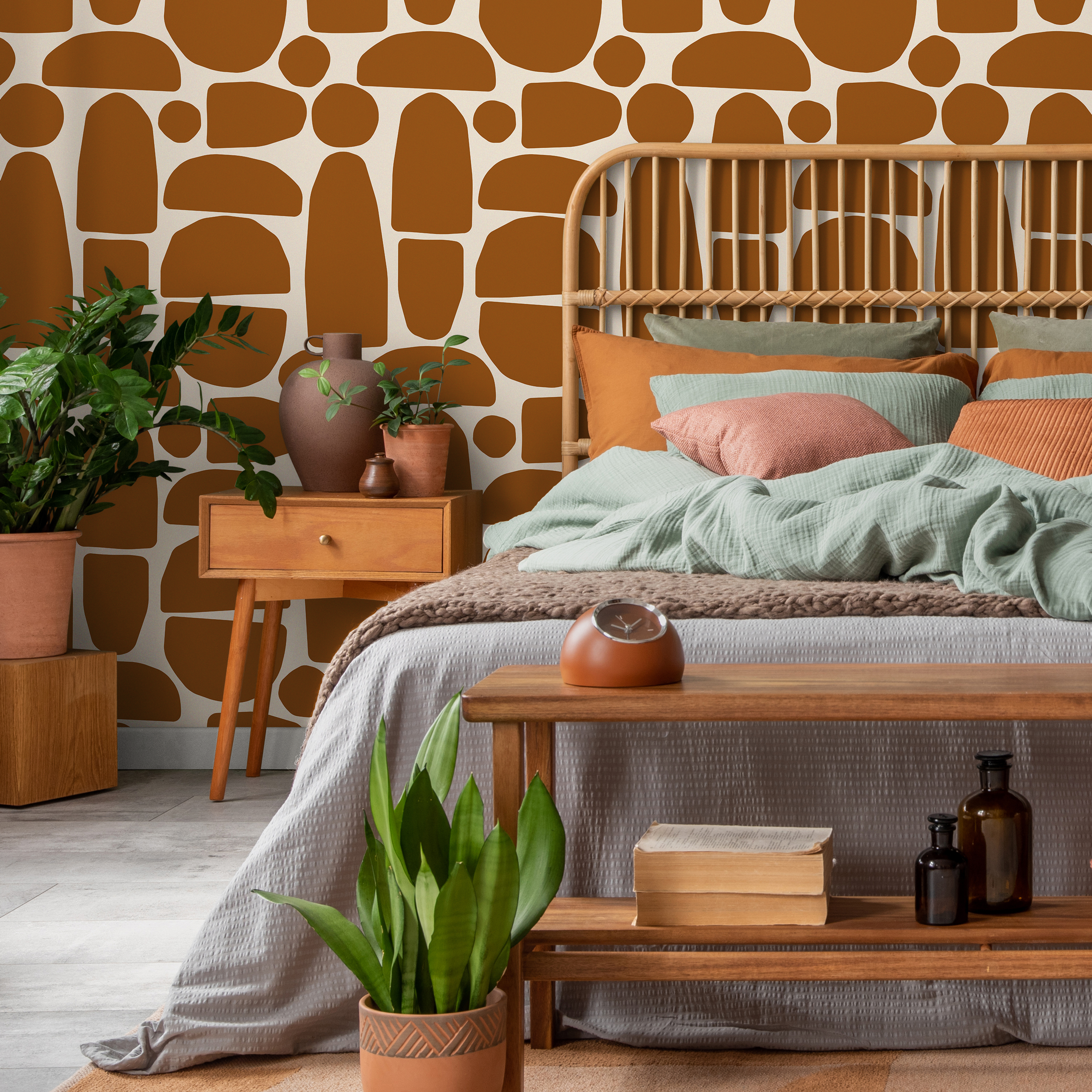 Abstract Wallpaper Featuring Organic Pebble Shapes In Terracotta Brown - C225