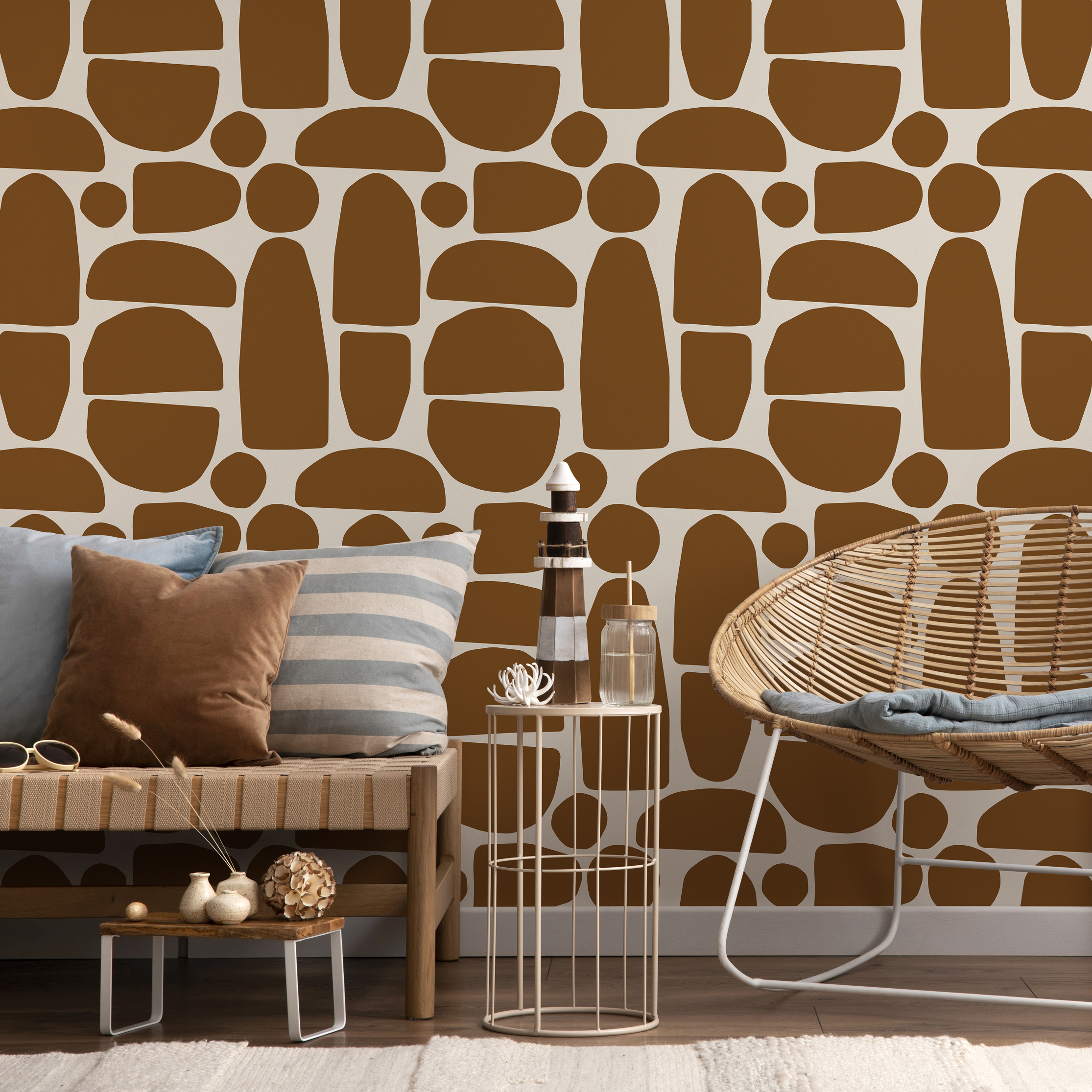 Abstract Wallpaper Featuring Organic Pebble Shapes In Terracotta Brown - C225