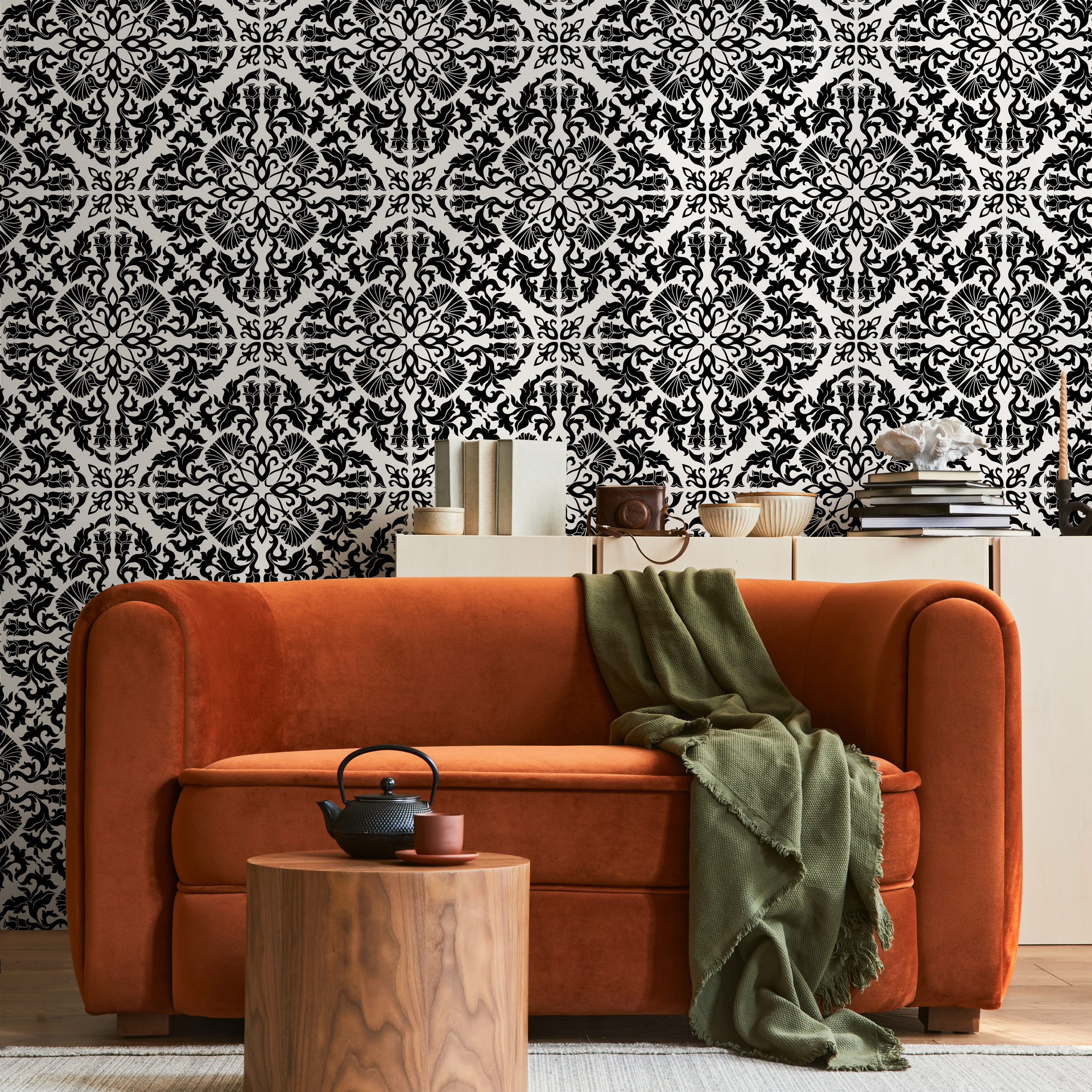 Tile Wallpaper With A Victorian Damask Motif In Black And White - C226