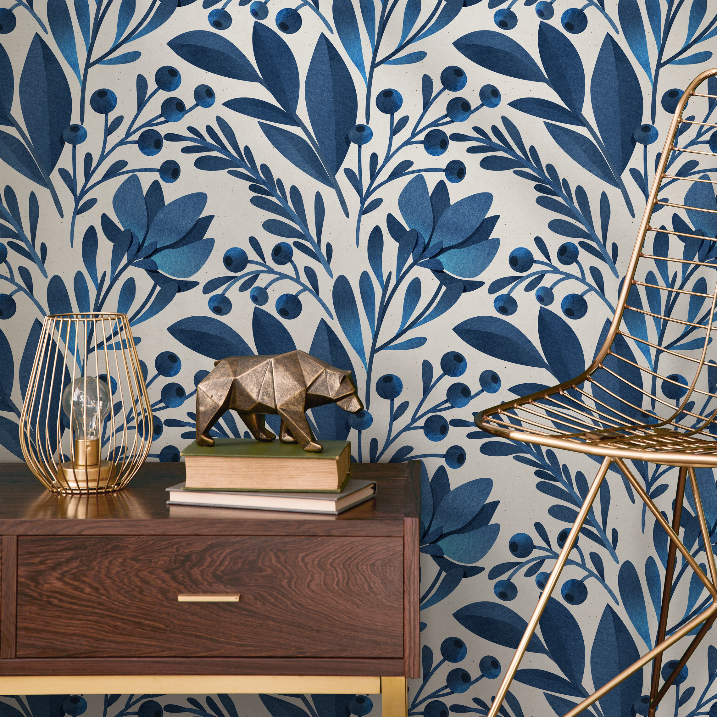 Floral Wallpaper Featuring Stylized Flowers And Berries In Blue And Cream - C227