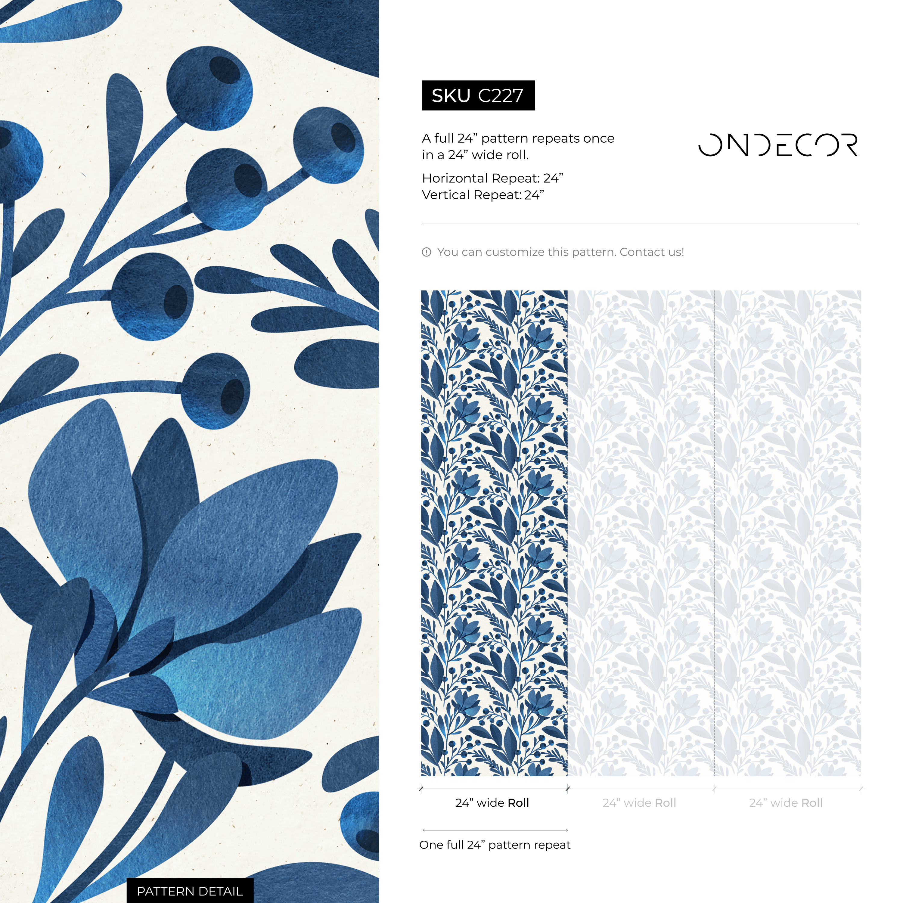 Floral Wallpaper Featuring Stylized Flowers And Berries In Blue And Cream - C227
