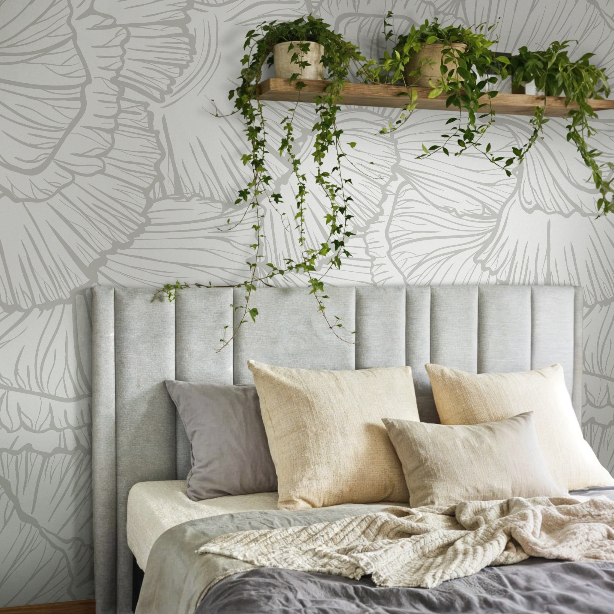 Floral Wallpaper With Overlapping Line Art Petals In Light Gray - C228