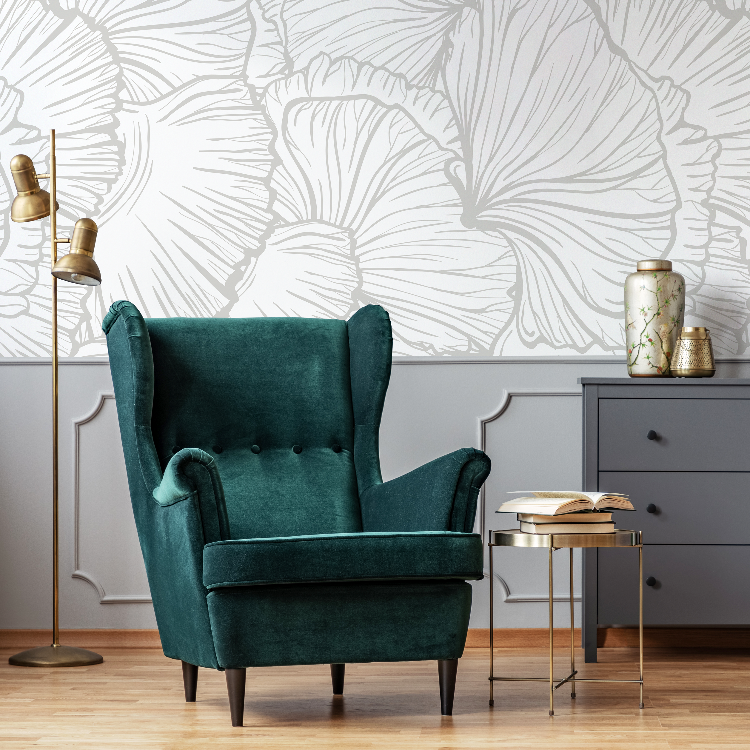 Floral Wallpaper With Overlapping Line Art Petals In Light Gray - C228