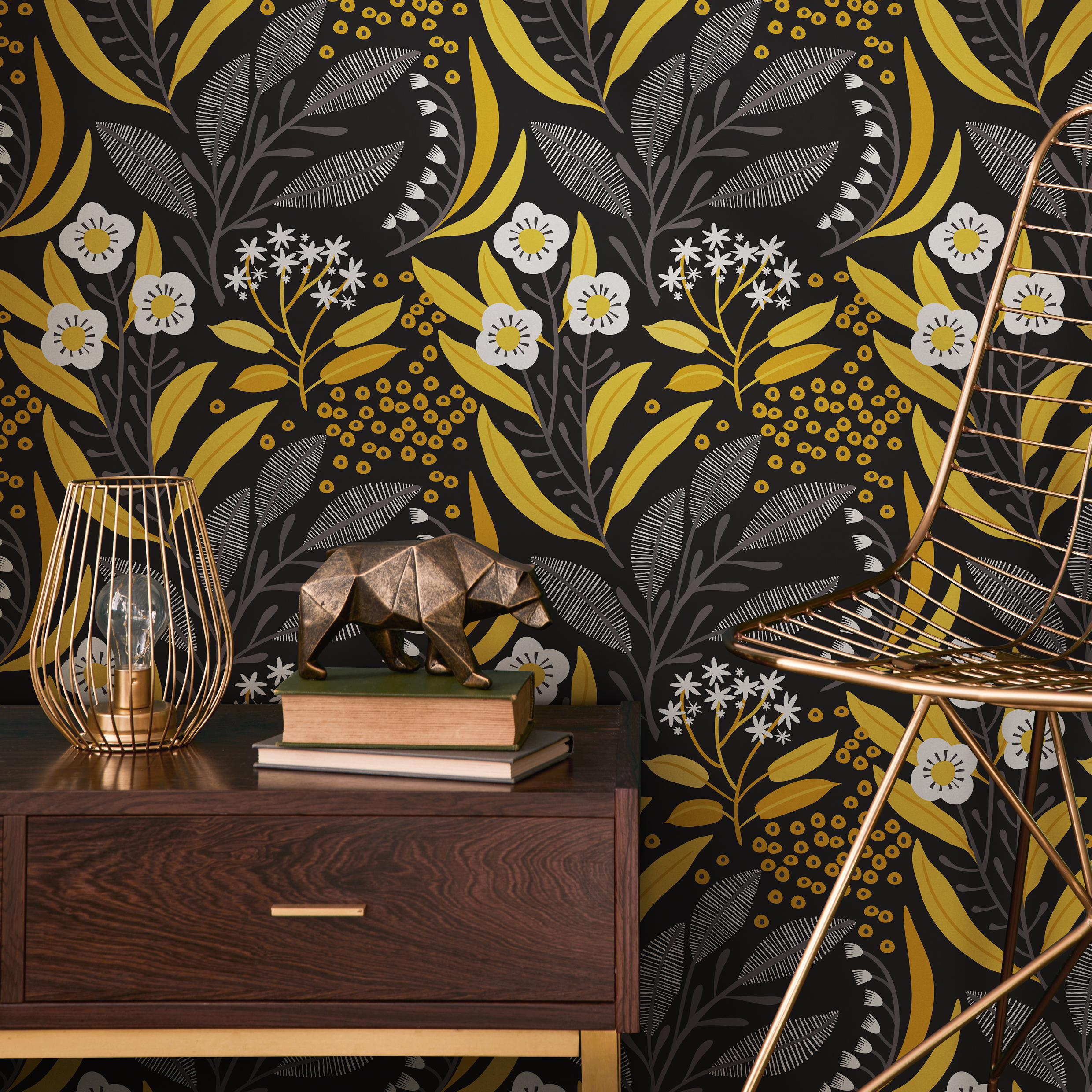 Floral Wallpaper With Stylized Leaves And Berries In Yellow, Grey, And Black - C229