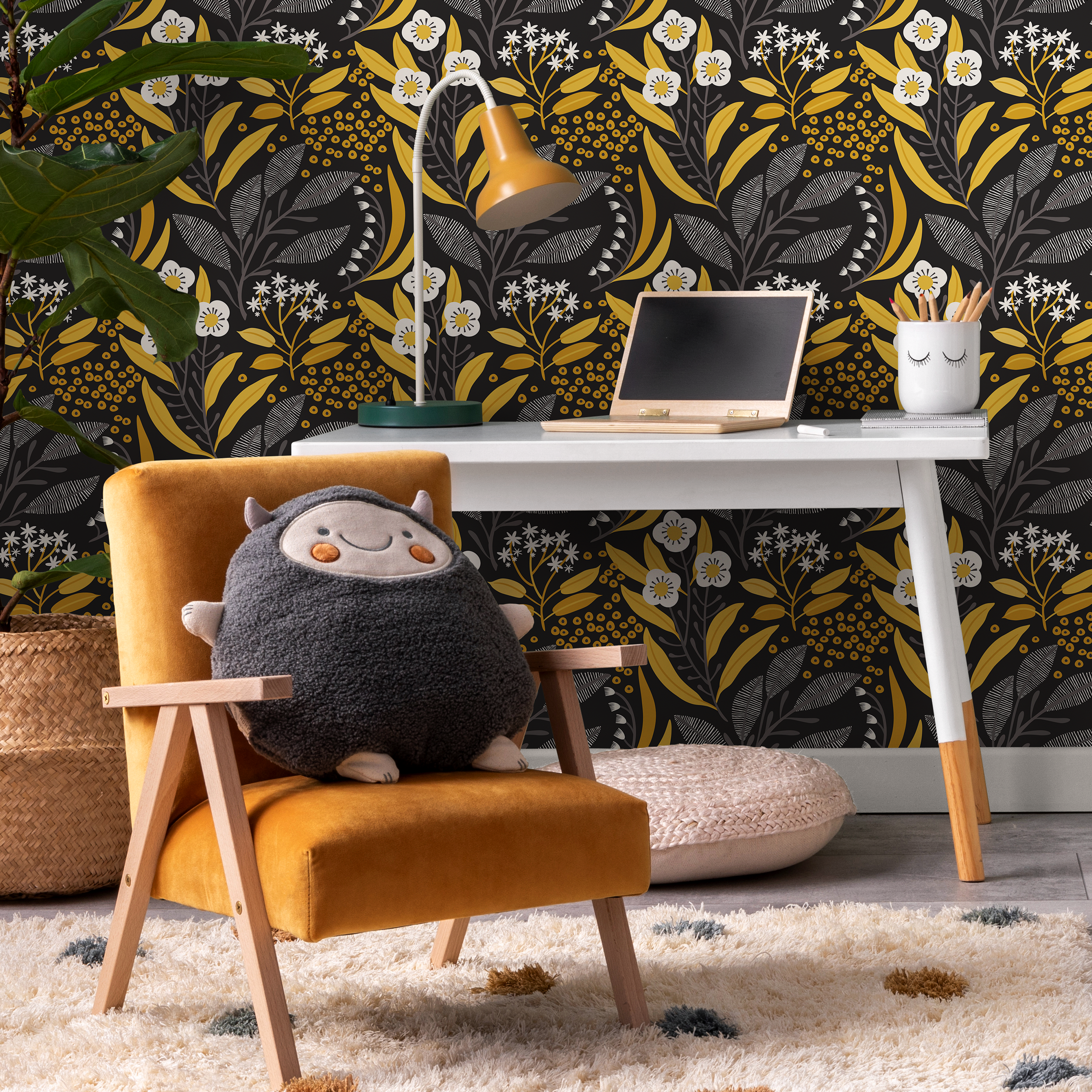 Floral Wallpaper With Stylized Leaves And Berries In Yellow, Grey, And Black - C229
