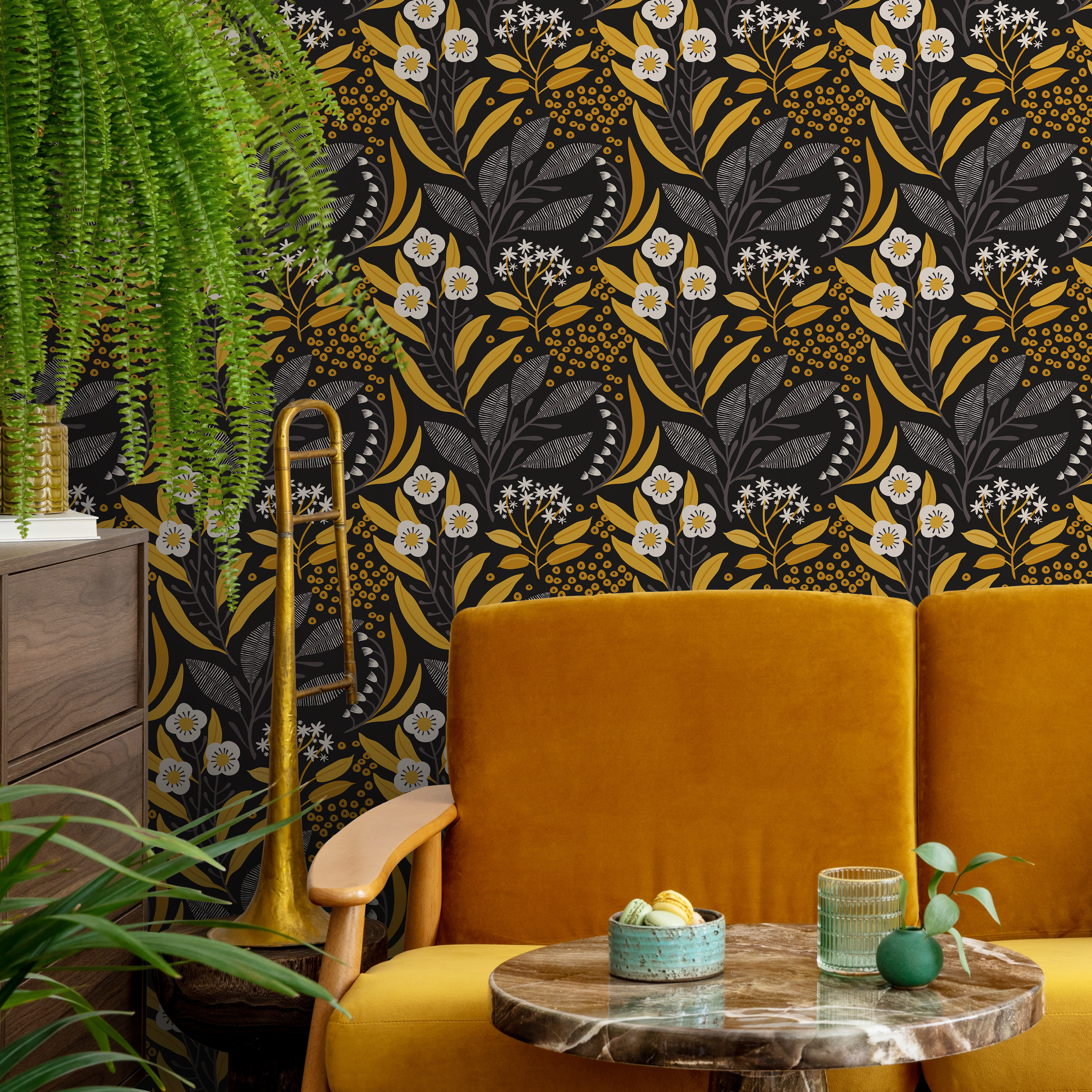Floral Wallpaper With Stylized Leaves And Berries In Yellow, Grey, And Black - C229