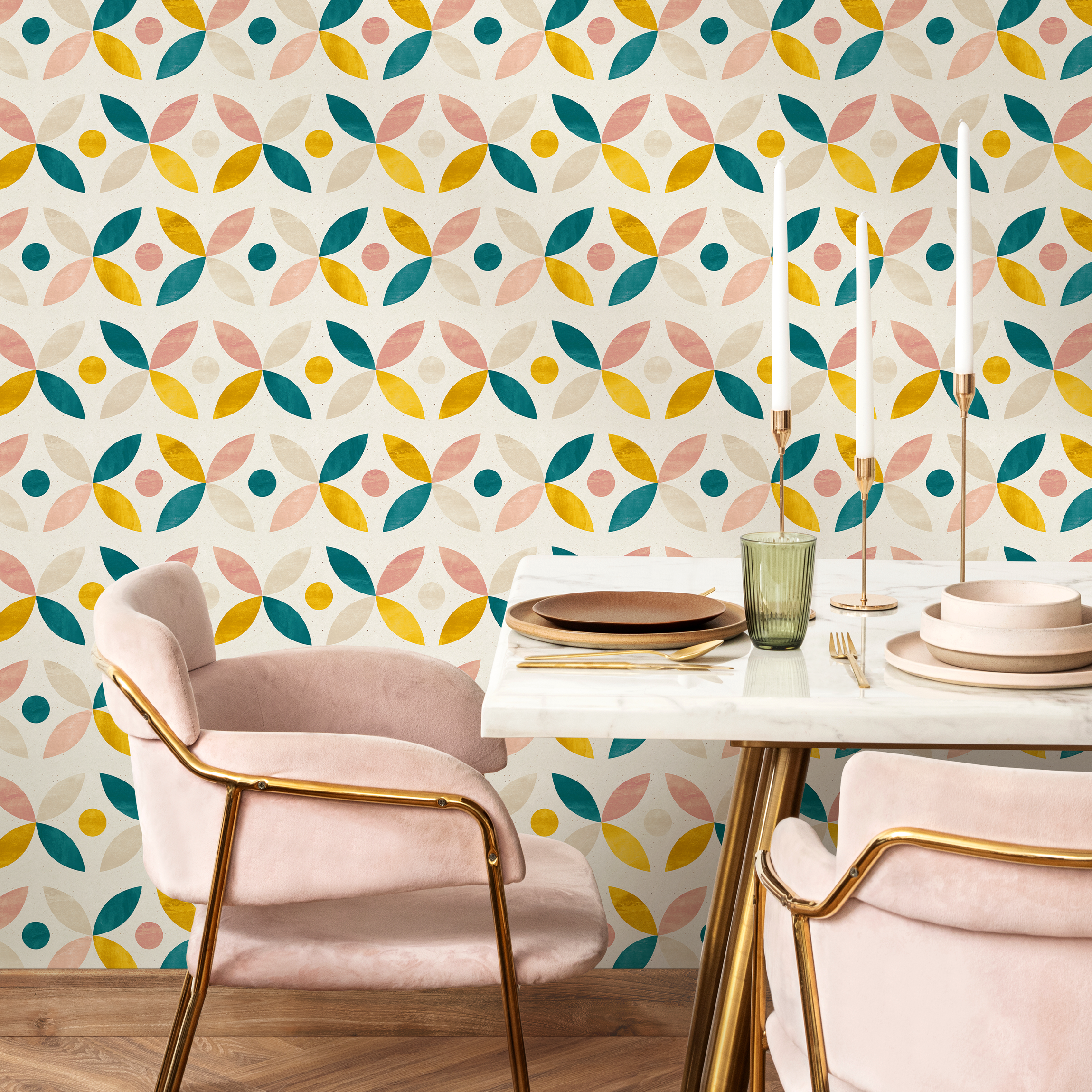 Geometric Wallpaper With Abstract Petals In Teal, Yellow, And Pink - C230