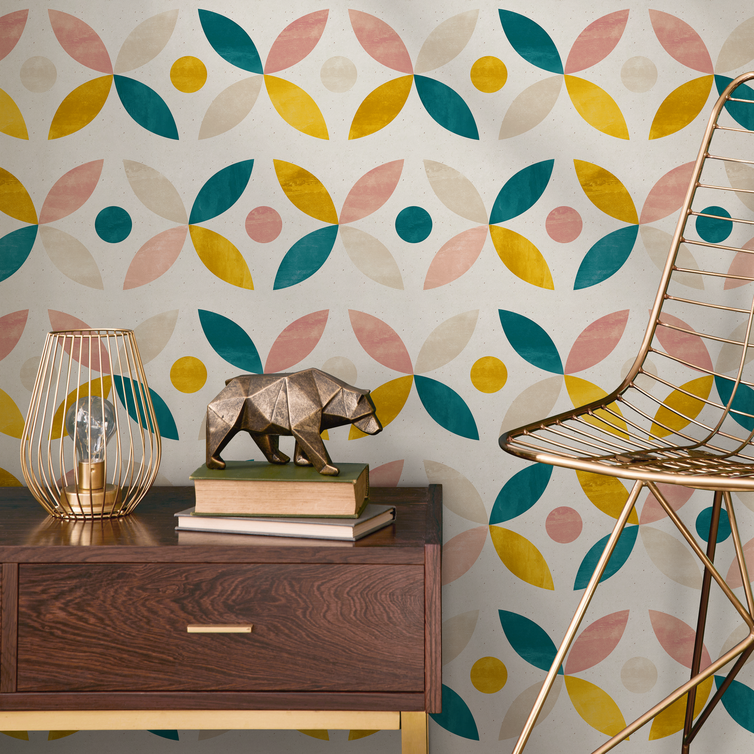 Geometric Wallpaper With Abstract Petals In Teal, Yellow, And Pink - C230