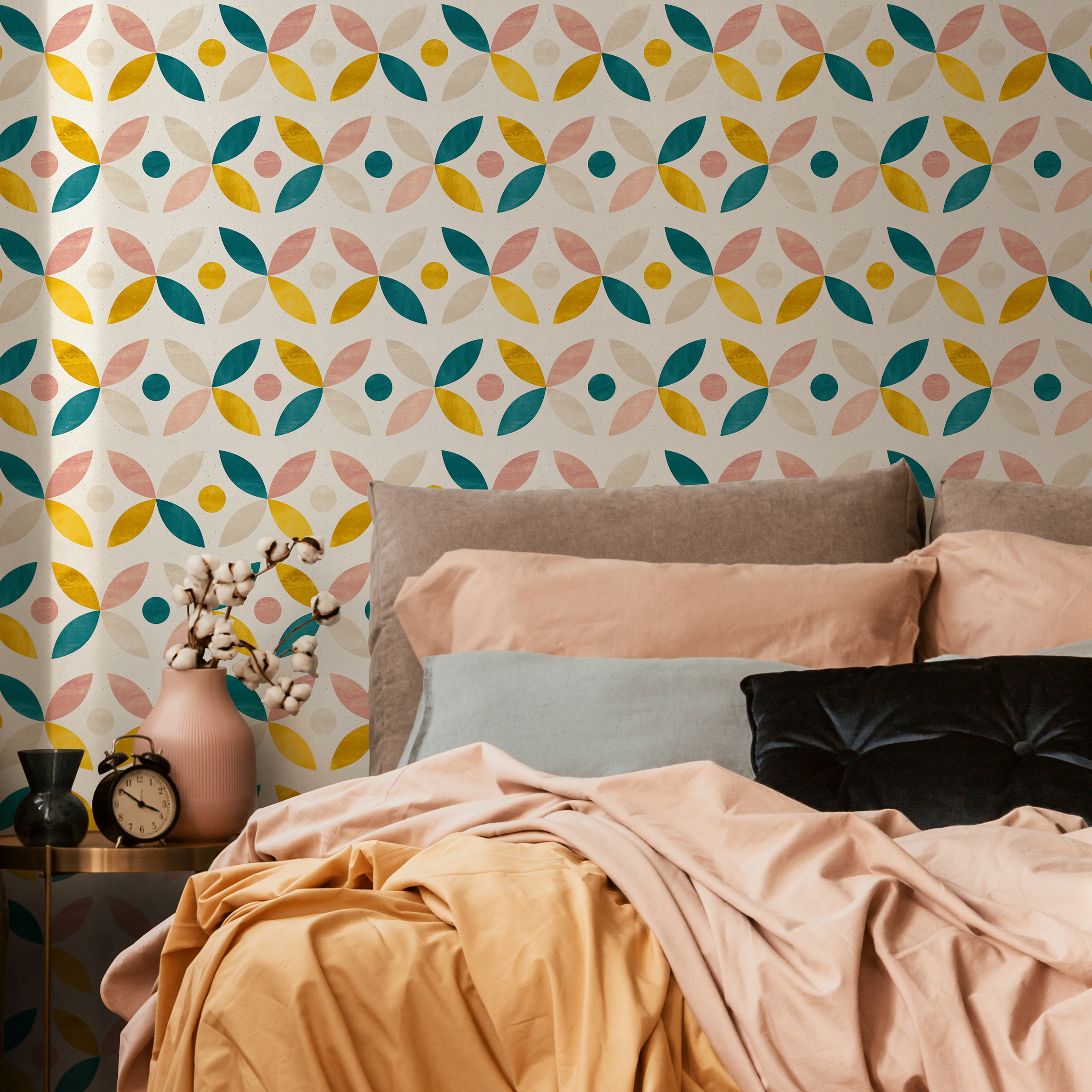 Geometric Wallpaper With Abstract Petals In Teal, Yellow, And Pink - C230