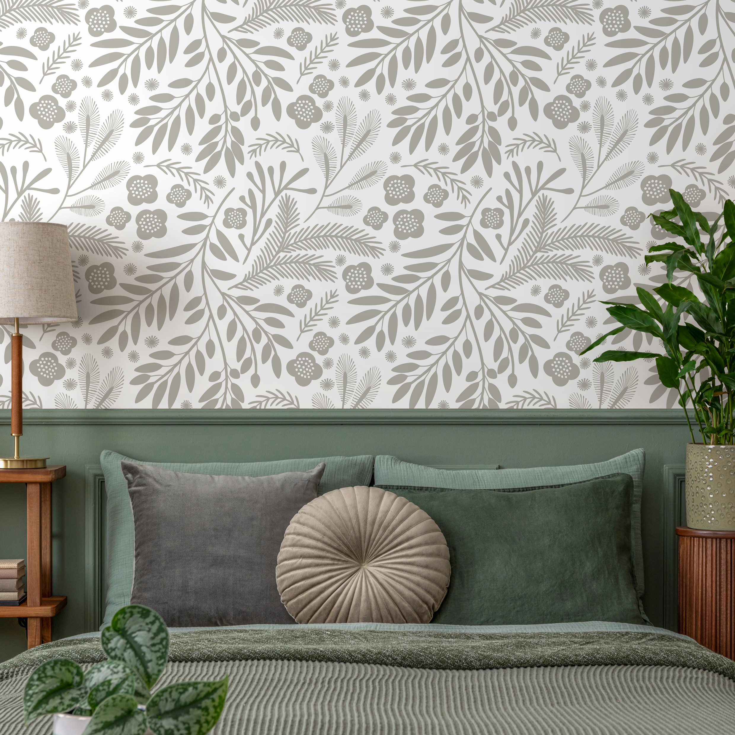 Botanical Wallpaper With A Scandinavian Floral And Leaf Motif In Taupe - C232