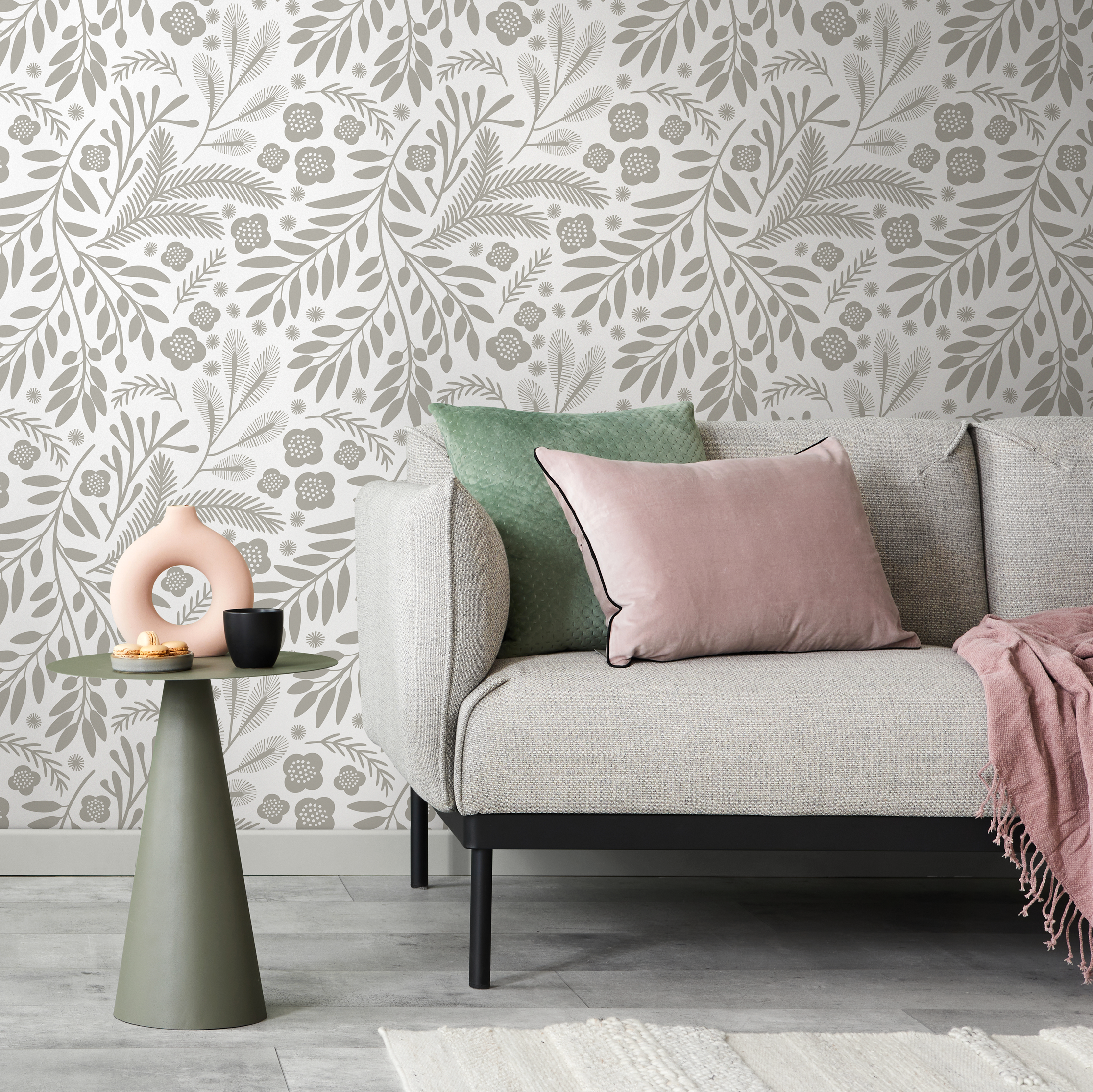 Botanical Wallpaper With A Scandinavian Floral And Leaf Motif In Taupe - C232
