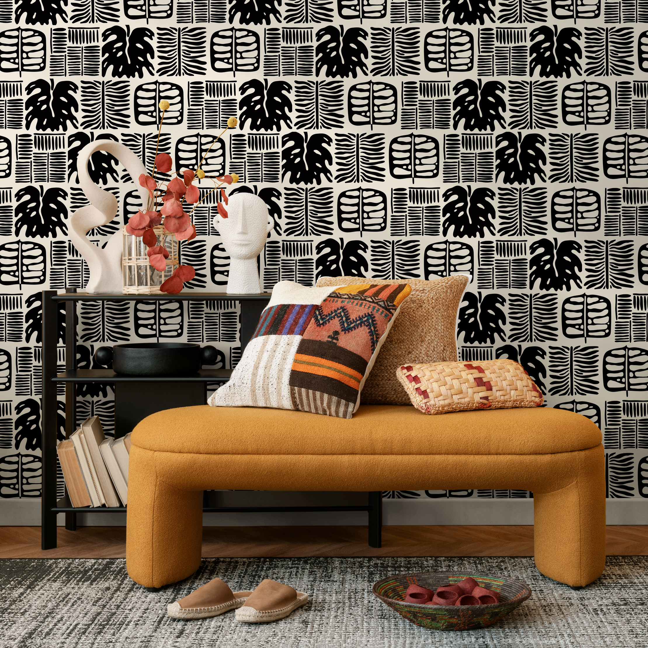 Tribal Wallpaper With Block Print Leaves In Black And White - C233