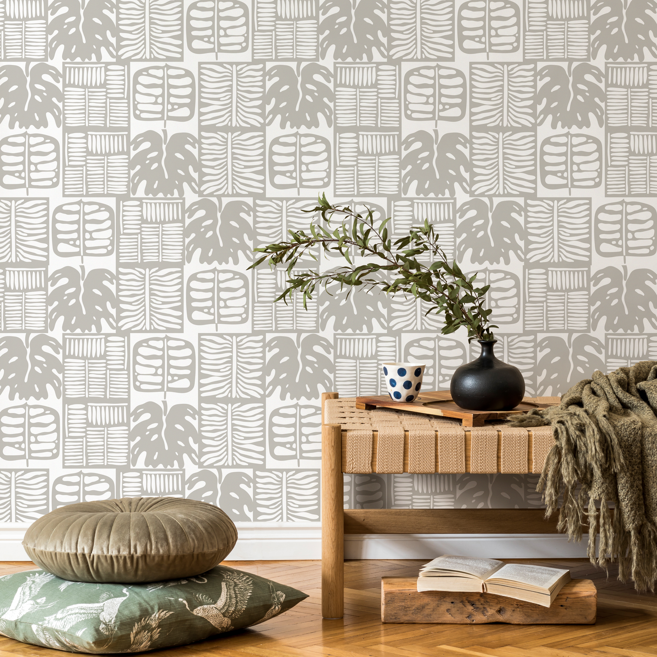 Botanical Wallpaper With A Block Print Leaf Motif In Gray - C234