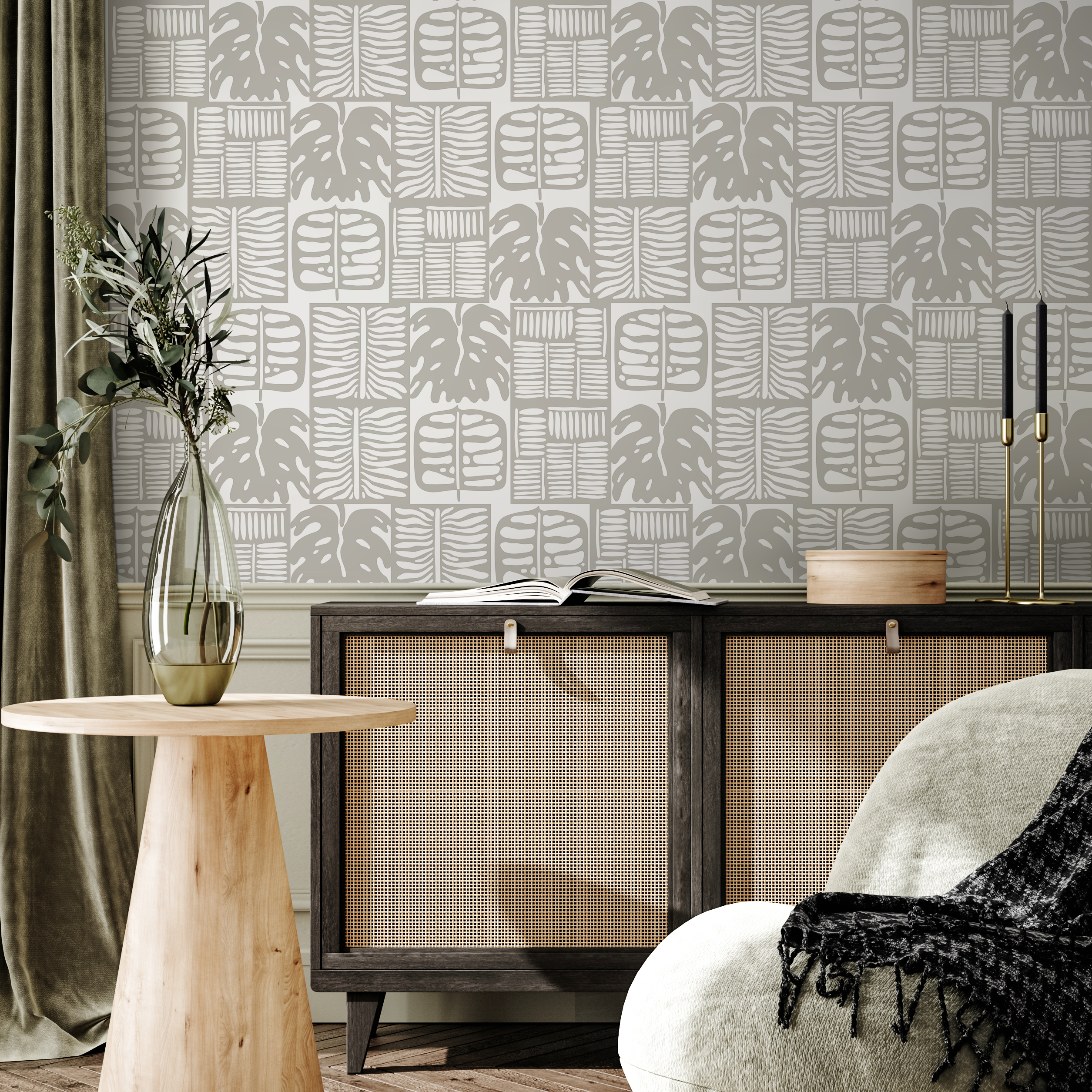 Botanical Wallpaper With A Block Print Leaf Motif In Gray - C234