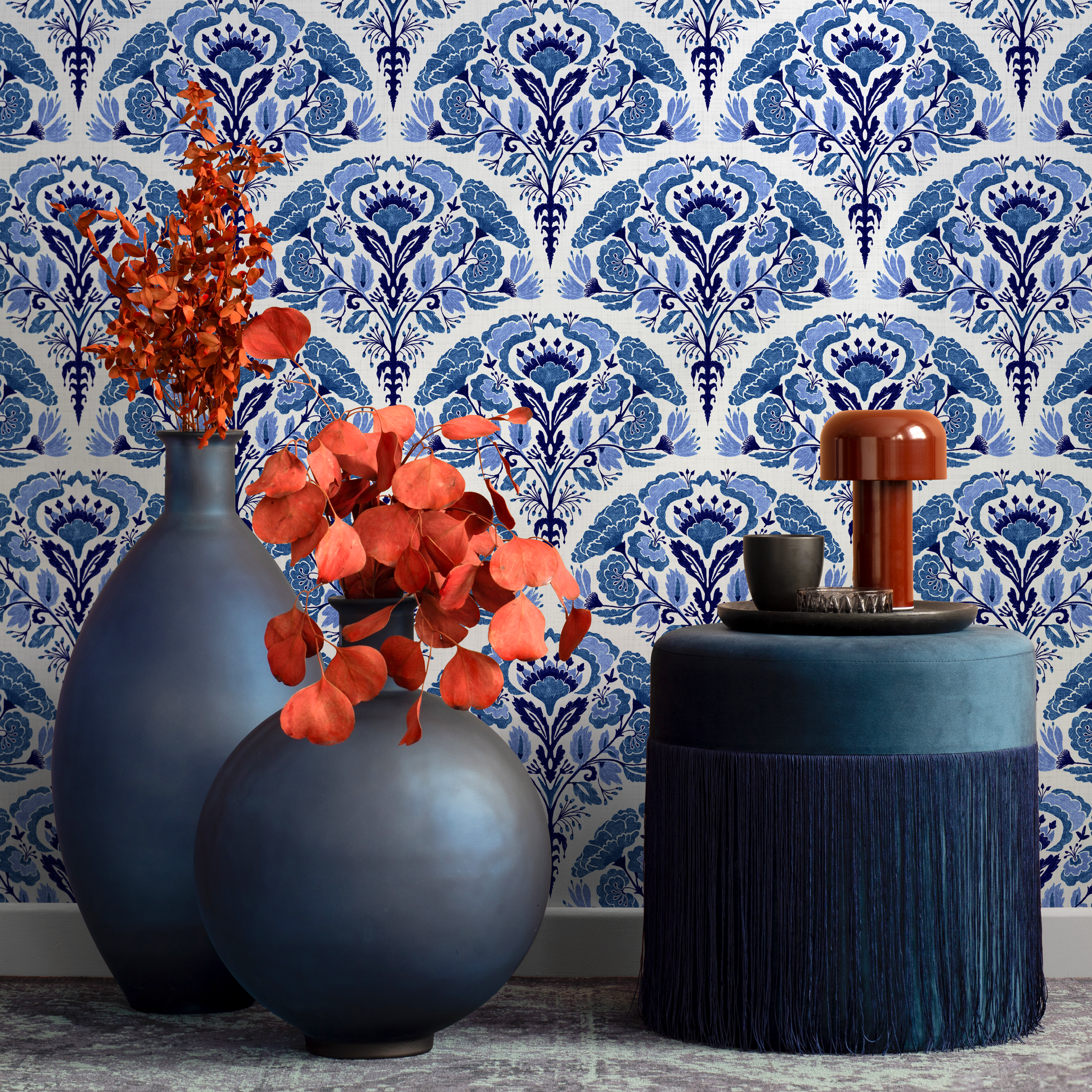 Damask Wallpaper With A Mediterranean Floral Motif In Blue - C236